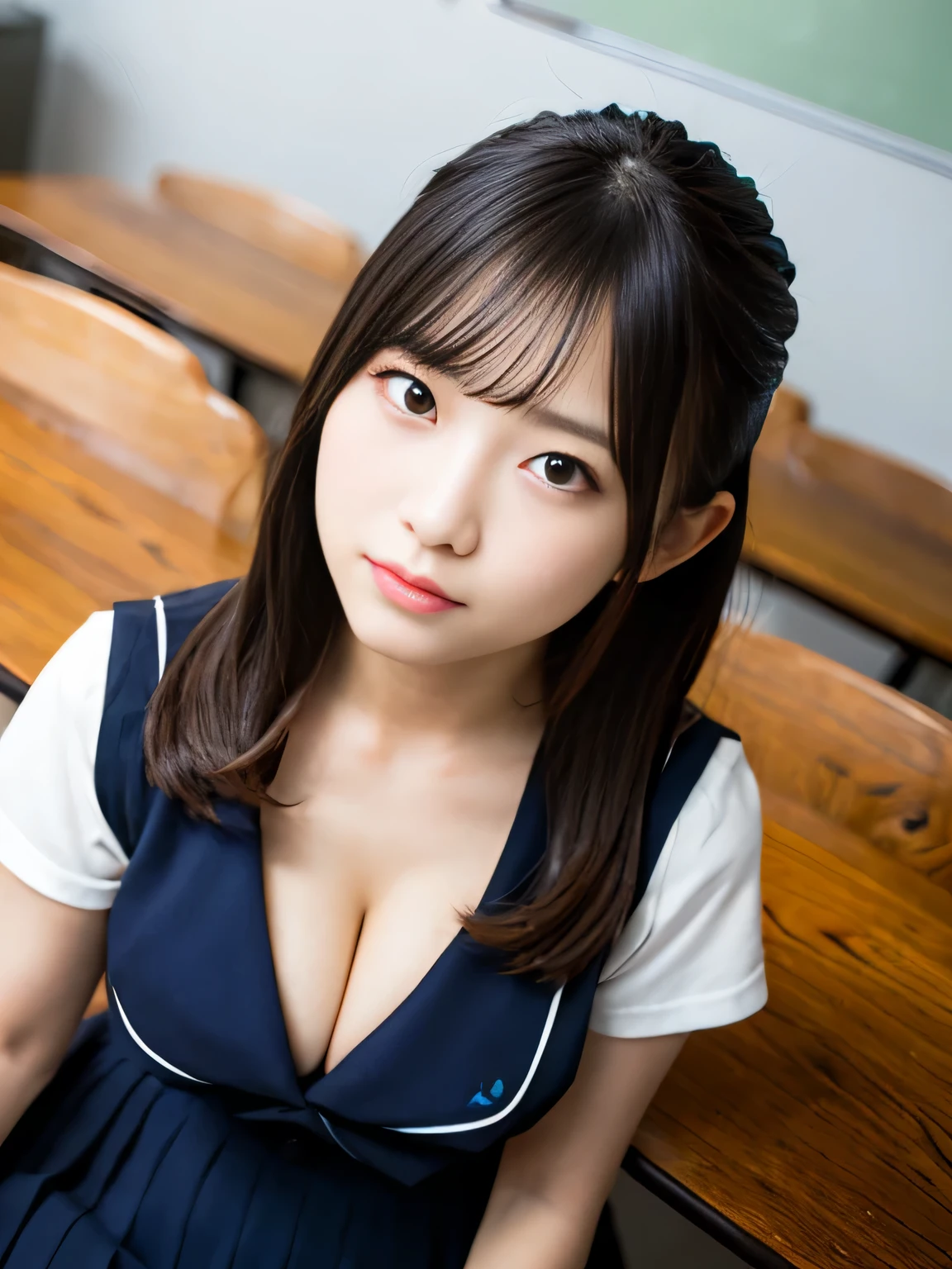 ((I can see the cleavage))、((I can see your breasts))、super highest quality, Japanese、dark makeup、eyeliner、Mr..々hairstyle, girl, 17 years old,、high school classroom、sailor suit、navy blue skirt,Photographed from diagonally above、look up、