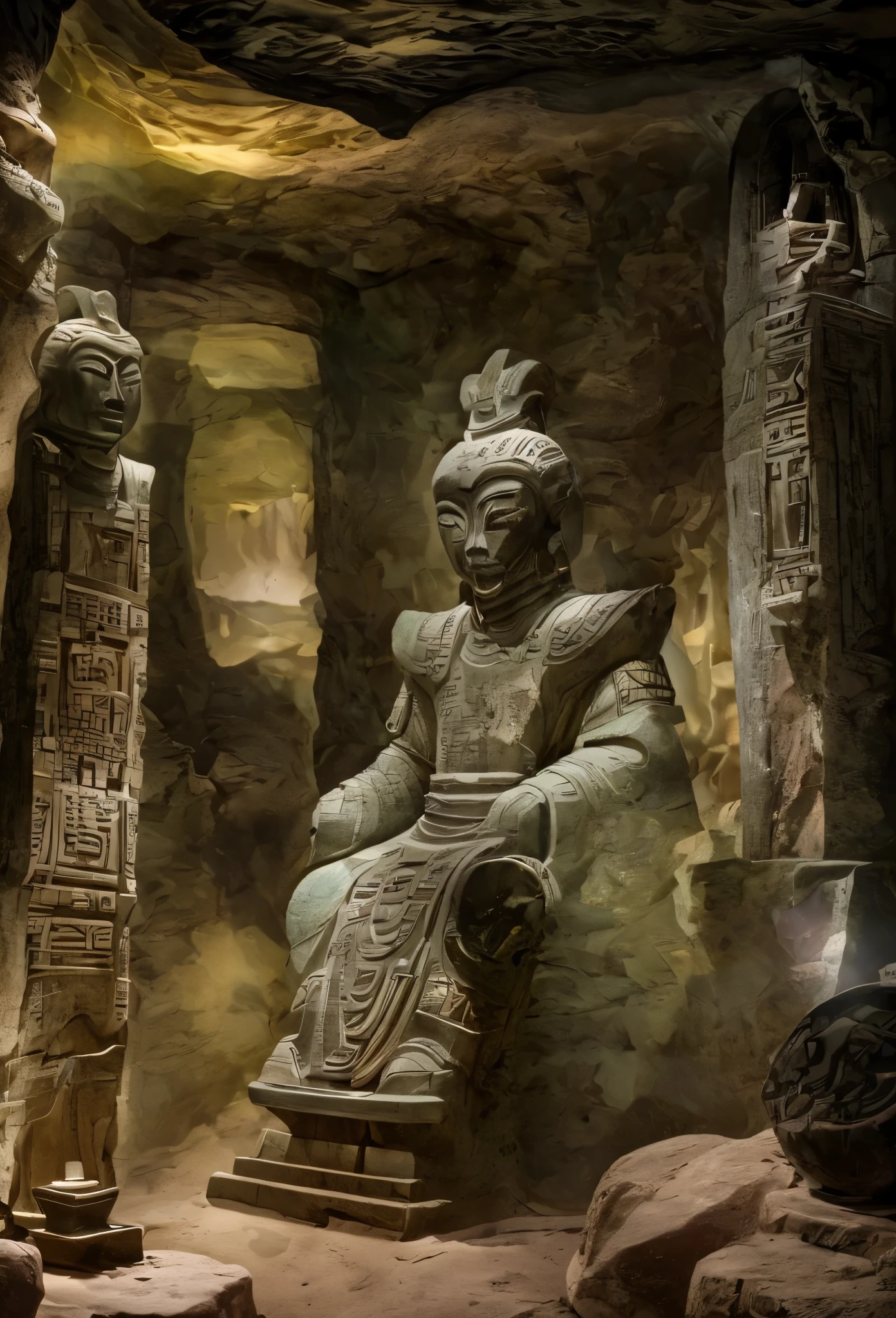 Fantastic underground cave, Ruins of an alien civilization, mysterious tomb, metal sarcophagus, hidden treasure, glowing coins, terracotta warriors, Ancient Relics, antiques, carved alien totems, futuristic technology, creepy magical powers, unknown cosmic energy
