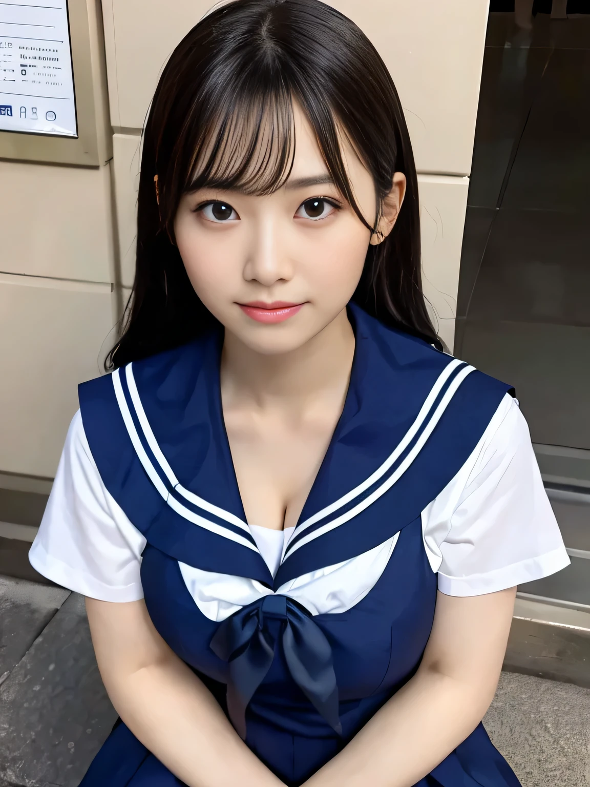 masutepiece, Best Quality, Photorealsitic, finely detail, hight resolution, 8K Wallpapers, Perfect dynamic composition, Beautiful detailed eyes, Brown eyes、(((Shorthair、waved hair))), large full breasts, Random and sexy poses,Bring your chest together、(a sailor suit)、(Sailor suit cosplay)(Breast bulge 1.2)、A smile、25-years old、(Fall face down:1.4)、Adult beauty、japanes、long pleated skirts:1.3、Lying in bed、Sleeping face down、Shooting from the knee up、Beautiful butt、Smaller buttocks、The shape of the buttocks is faintly visible from the top of the clothes:1.4、lyin in bed