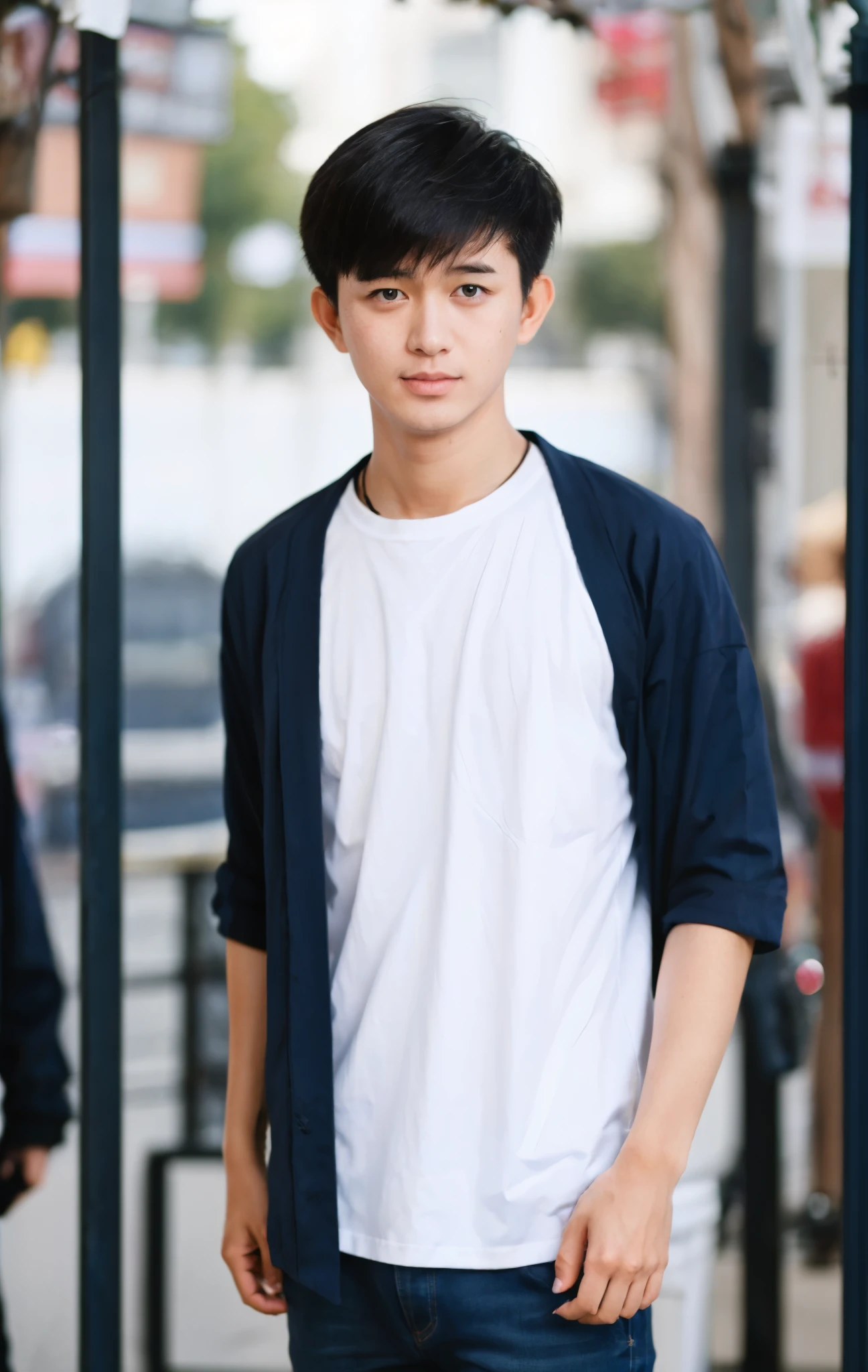 Create a boy,asian,semi white,cool, slightly muscles, brown hairs,blue eyes, school dress,white shirt with messy,grey semi narrow pants,dark black shoes,cute,little smile,anime style.