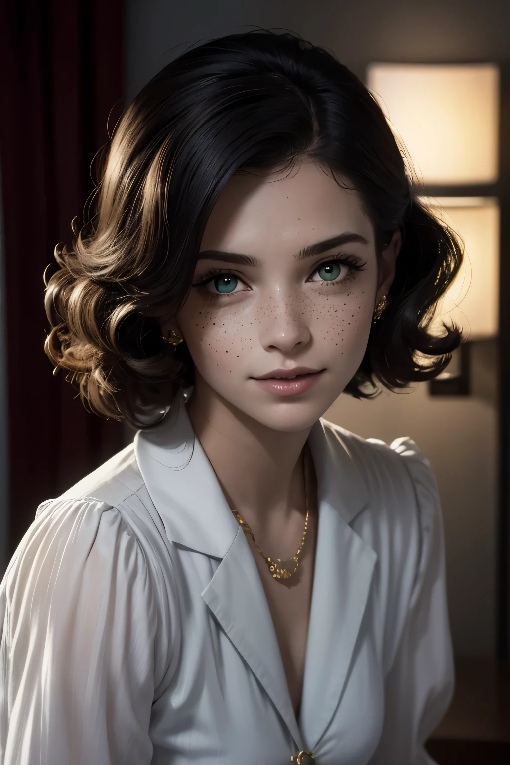 Describe and create an image of a woman in the United States in the 1940s based on the following characteristics:
Barbara "Babs" Roberts: Uma mulher com cabelos ruivos brilhantes que captam a luz do sol, criando um brilho radiante. Your green eyes are alive and full of energy, refletindo sua personalidade extrovertida e cativante. Her face is adorned with freckles, giving you a youthful and cheerful appearance. Your expression is excited and contagious, making her the center of attention wherever she goes.
Certifique-se de que a imagem transmita a energia e a vitalidade de Babs, capturing your vibrant and charismatic presence