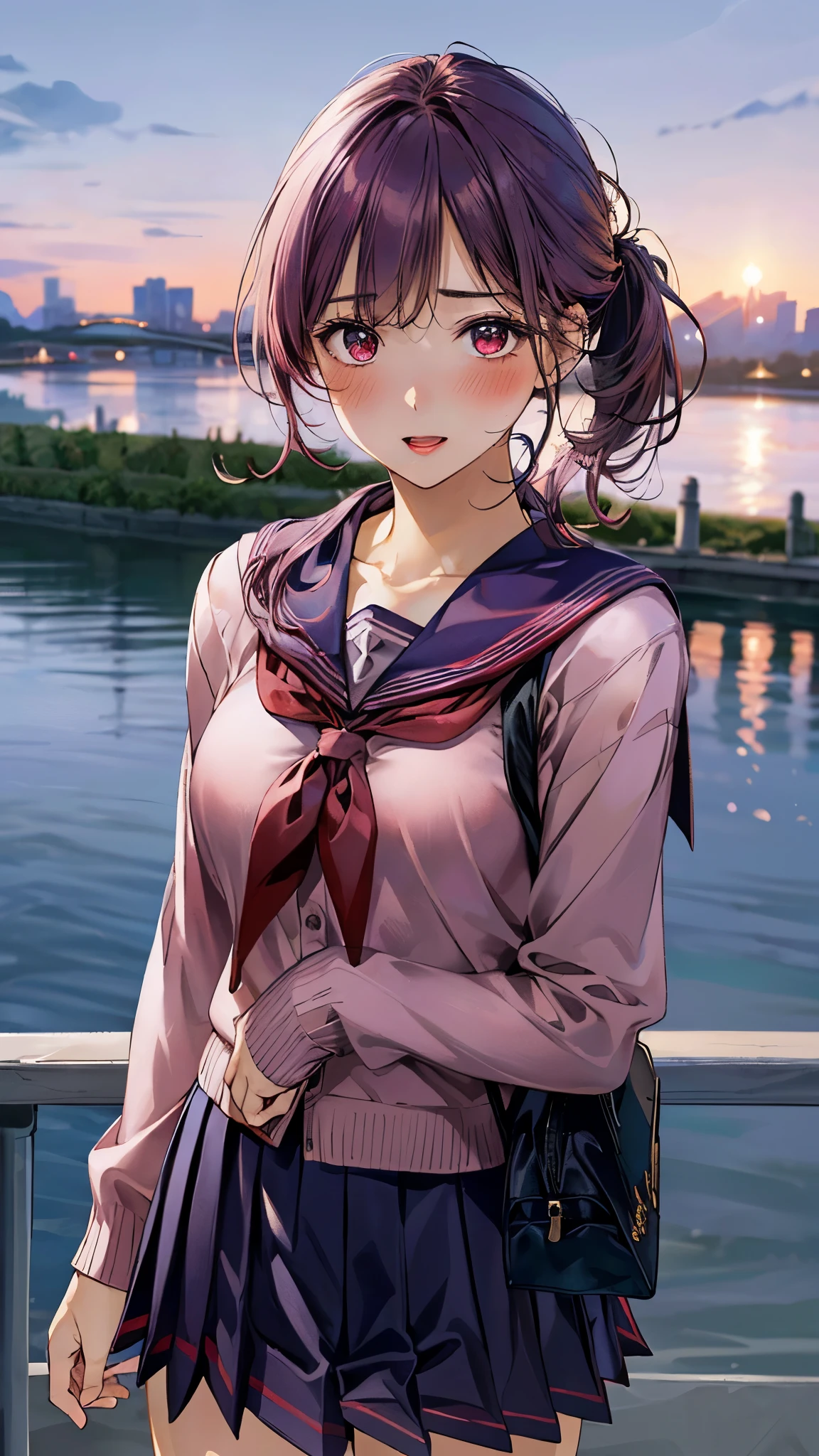 (masterpiece:1.2, top-quality, ultra high res, ultra detailed), (realistic, photorealistic:1.4), beautiful illustration, (natural side lighting, movie lighting), 
looking at viewer, 1 girl, japanese, high school girl, perfect face, (perfect anatomy), cute and symmetrical face, shiny skin, slender, 
(short hair, side ponytail, purple hair), asymmetrical bangs, dark red eyes, drooping eyes, big eyes, long eye lasher, (medium breasts), 
beautiful hair, beautiful face, beautiful detailed eyes, beautiful clavicle, beautiful body, beautiful chest, beautiful thigh, beautiful legs, 
((insanely detailed clothes, dark pink cardigan, white sailor fuku with blue line, navy pleated skirt, sailor collar, red sailor scarf)), pink hair bow, navy school bag, 
(beautiful scenery), depth of field, evening, (riverside, cityscape in the distance), (blush, half-open mouth),