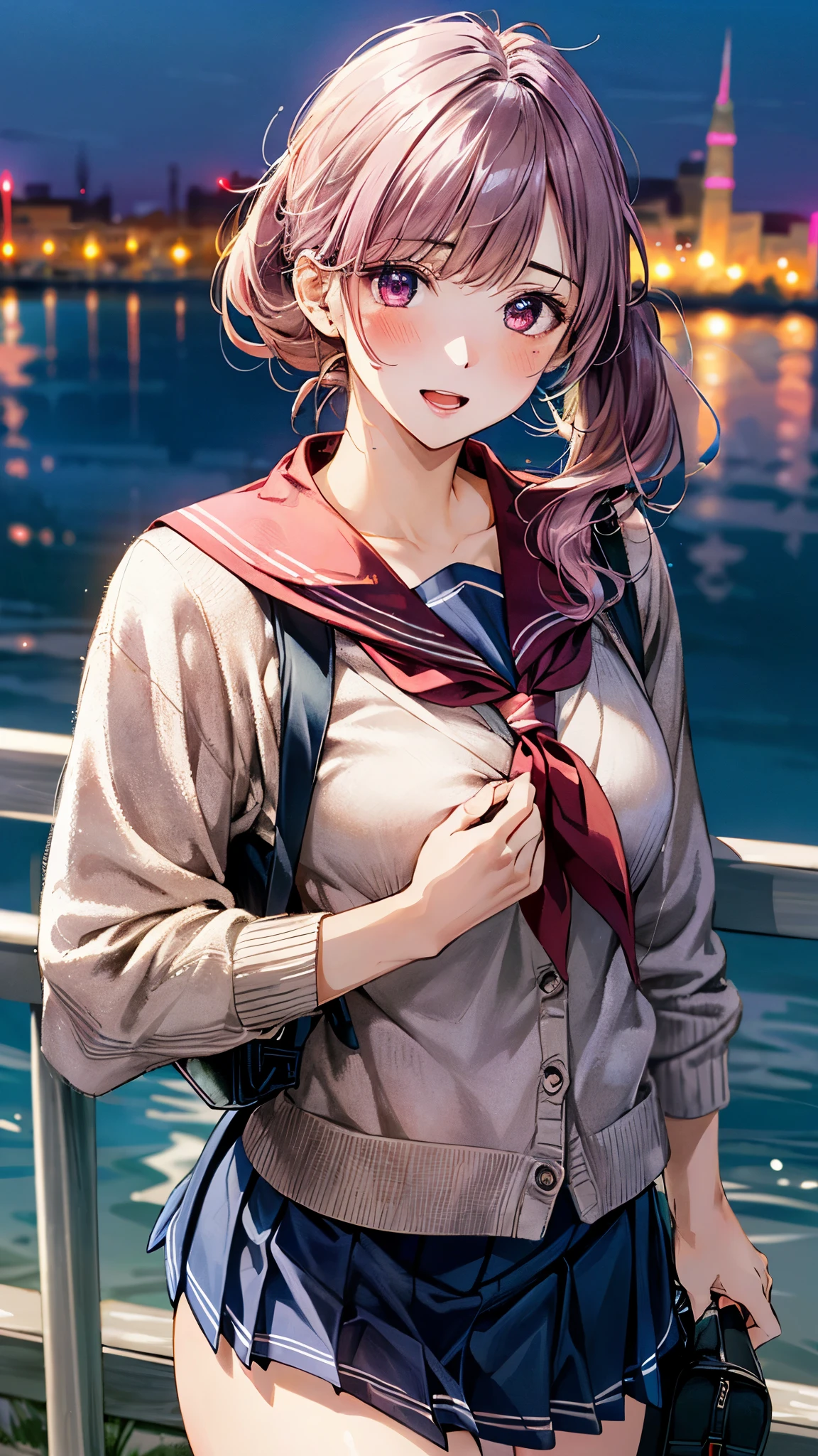 (masterpiece:1.2, top-quality, ultra high res, ultra detailed), (realistic, photorealistic:1.4), beautiful illustration, (natural side lighting, movie lighting),
looking at viewer, 1 girl, japanese, high school girl, perfect face, (perfect anatomy), cute and symmetrical face, shiny skin, slender,
(short hair, side ponytail, purple hair), asymmetrical bangs, dark red eyes, drooping eyes, big eyes, long eye lasher, (medium breasts),
beautiful hair, beautiful face, beautiful detailed eyes, beautiful clavicle, beautiful body, beautiful chest, beautiful thigh, beautiful legs,
((insanely detailed clothes, dark pink cardigan, white sailor fuku with blue line, navy pleated skirt, sailor collar, red sailor scarf)), pink hair bow, navy school bag,
(beautiful scenery), depth of field, evening, (riverside, cityscape in the distance), (blush, half-open mouth),