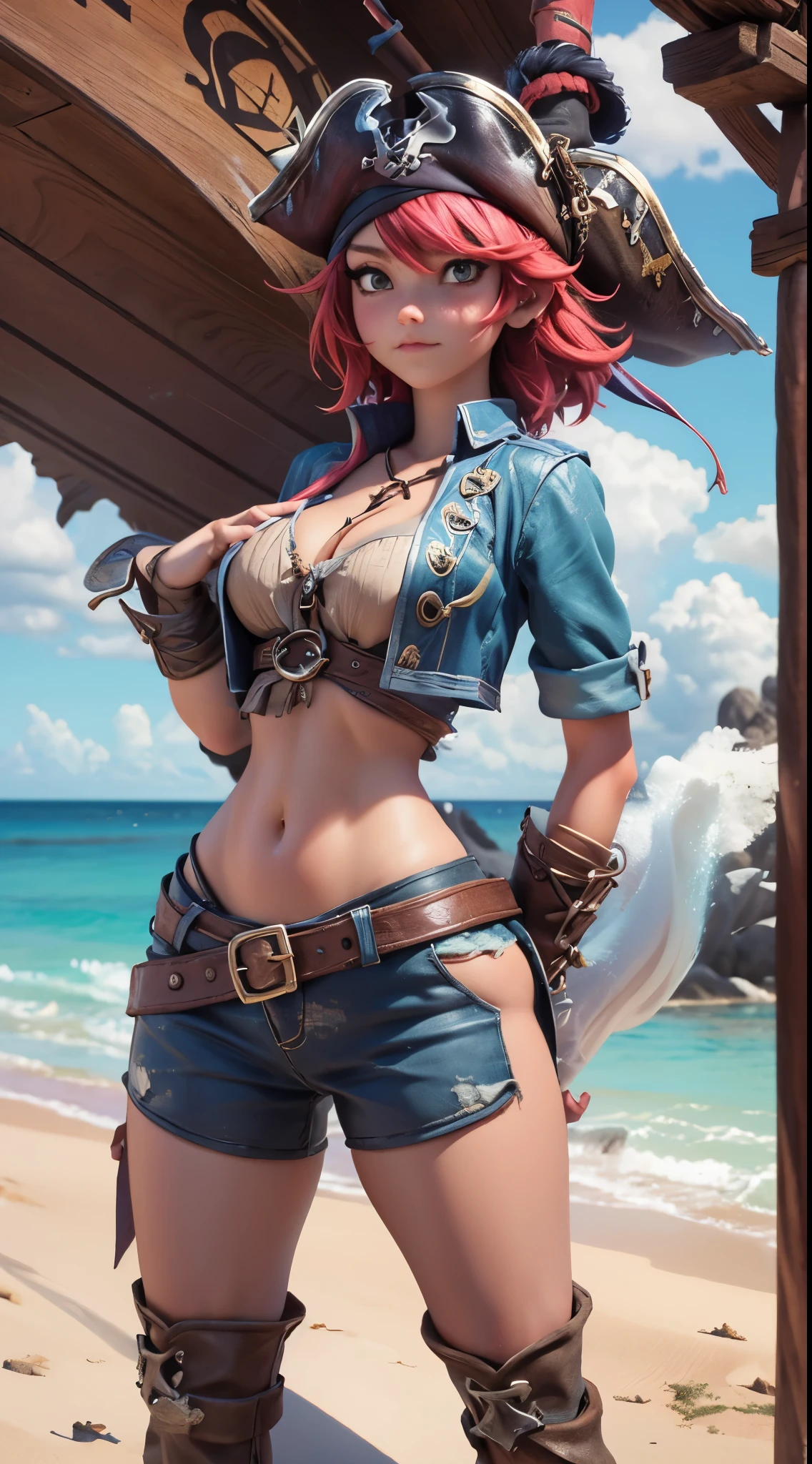 ((Fullbody)),standing pose, Canon PowerShot S60,masterpiece,best quality,absurdres,detailed background,perfect correct anatomy,portrain:1.35,(1girl),a young woman pirate:1.3 ,clouds,day,sunlight,pirate clothes,captain pirate hat,(brilliant red:1.2 hair),cut hair,wild hair,(medieval pirate fantasy theme:1.1),pastel colors,soft shadow,chromatic aberration,ambient occlusion,cinematic light, (medium breasts and curvy figure), 21thkitazume,AGGA_ST004 ,no water,