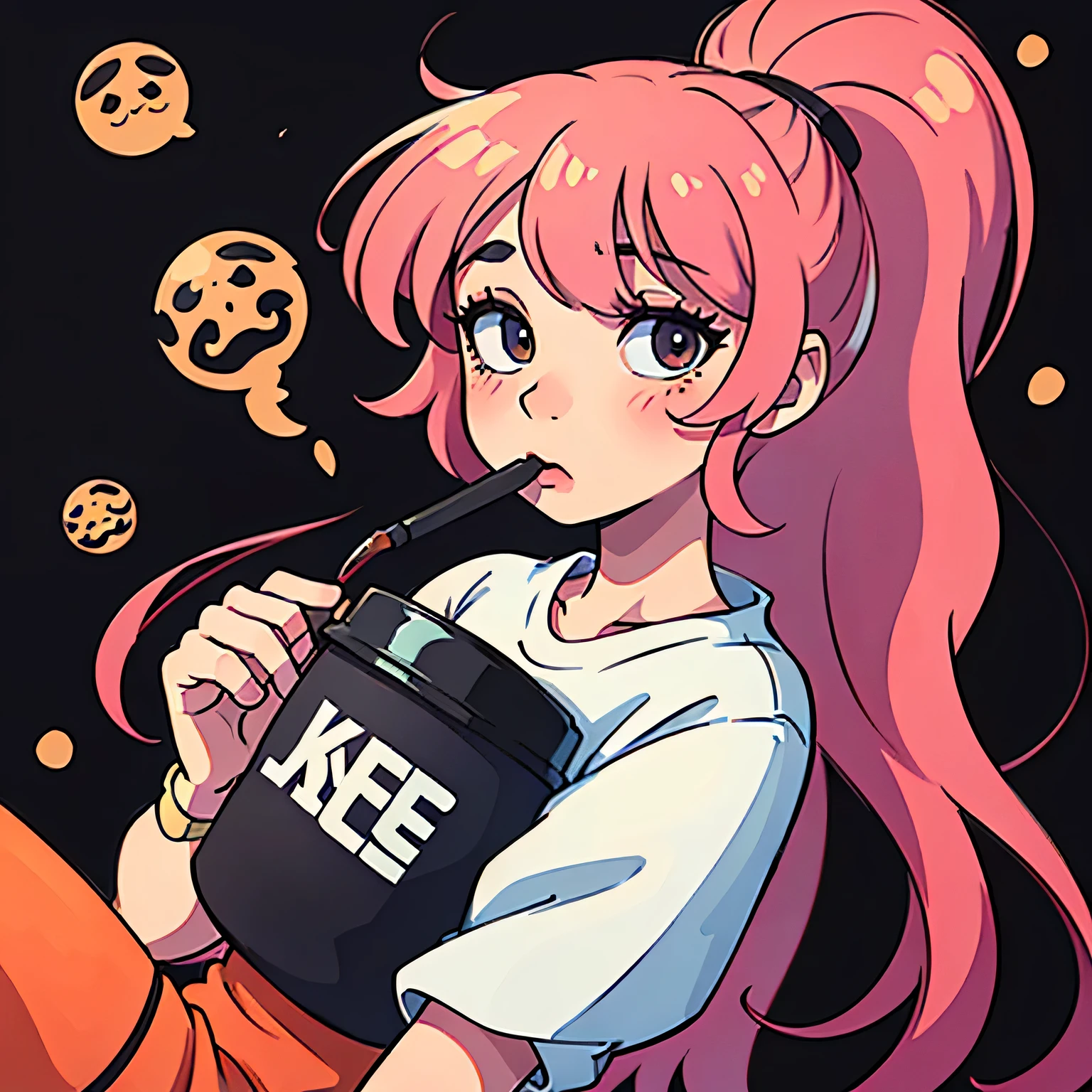 Cute cartoon girl drinking coffee, girl wearing t-shirt, long hair,Pink and brown,Keith Haring style graffiti, Marker illustration, bold lines and solid colors, simple details, Minimalism -- 500 -- over 5