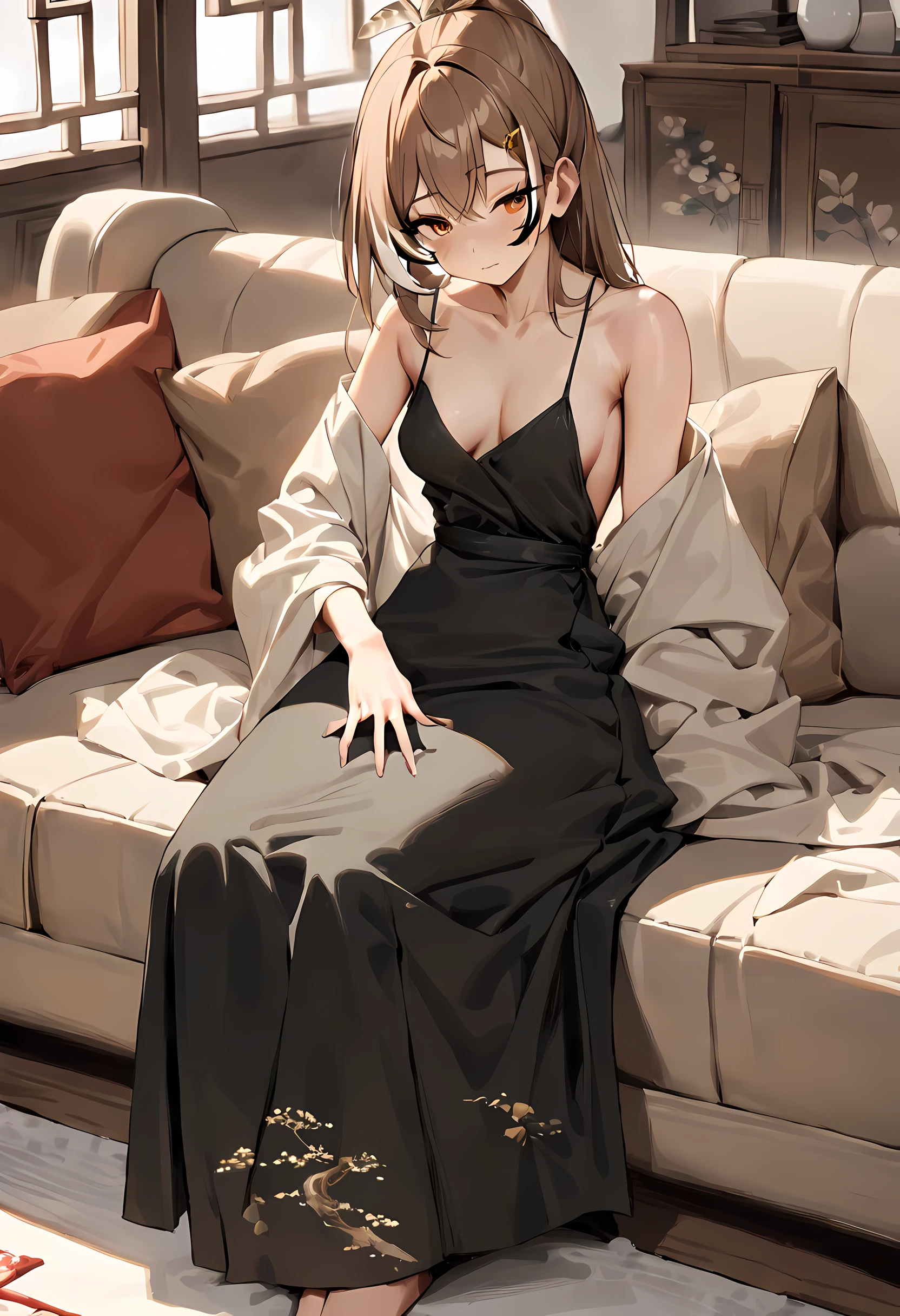 Qiwuwuming/(Holographic live broadcast/), (masterpiece, best quality: 1.2), Chinese traditional ink painting, 18-year-old cute medium-breasted girl, oversized dress :1.2, bench, Super detailed faces, delicate eyes, double eyelids, SFW , long skirt