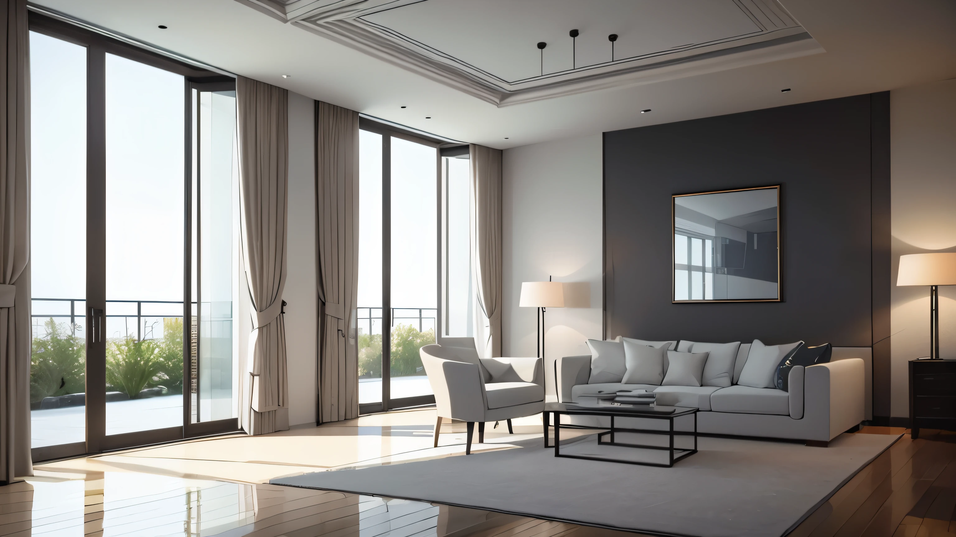 you are a famous interior designer、I was asked to create a 3D image of a large modern room.。. Create a harmonious environment with modern and minimalist furniture. Including garden interior.