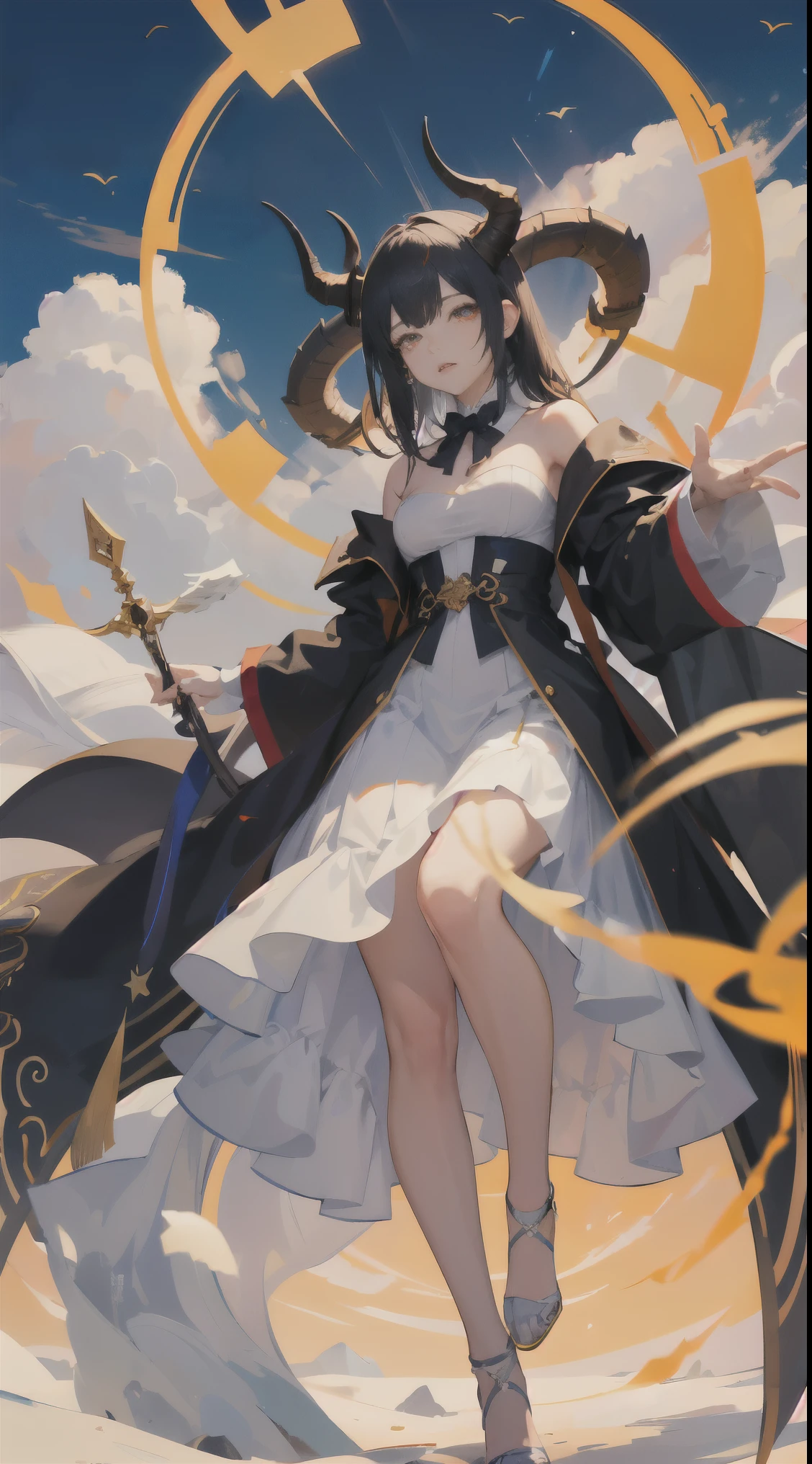 Ancient Star goddess, Perfect female anatomy (Adult Female, 166cm in height, pale skin, slim, slender, 34D breast size, Dark Orange Eyes with beautiful details, Long Straight Black Hair, Beauty Mark Mole on right cheek bone, a set of black horns on her head), Neutral facial expression, Elegant white dress with black bow tie, blue coat knee length, dragon motifs, gold and rope accessories, View of the open blue sky with only clouds, receiving light from the front, Ethereal glow