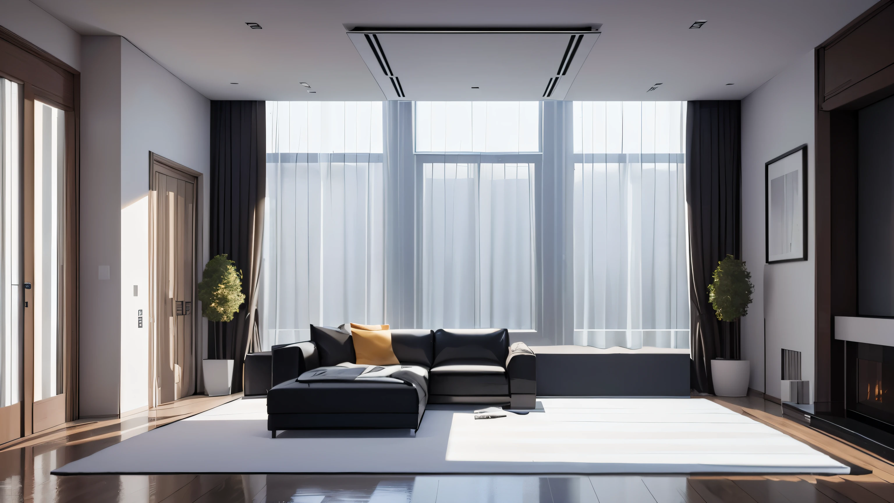 you are a famous interior designer、I was asked to create a 3D image of a large modern room.。. Create a harmonious environment with modern and minimalist furniture. Including garden interior.