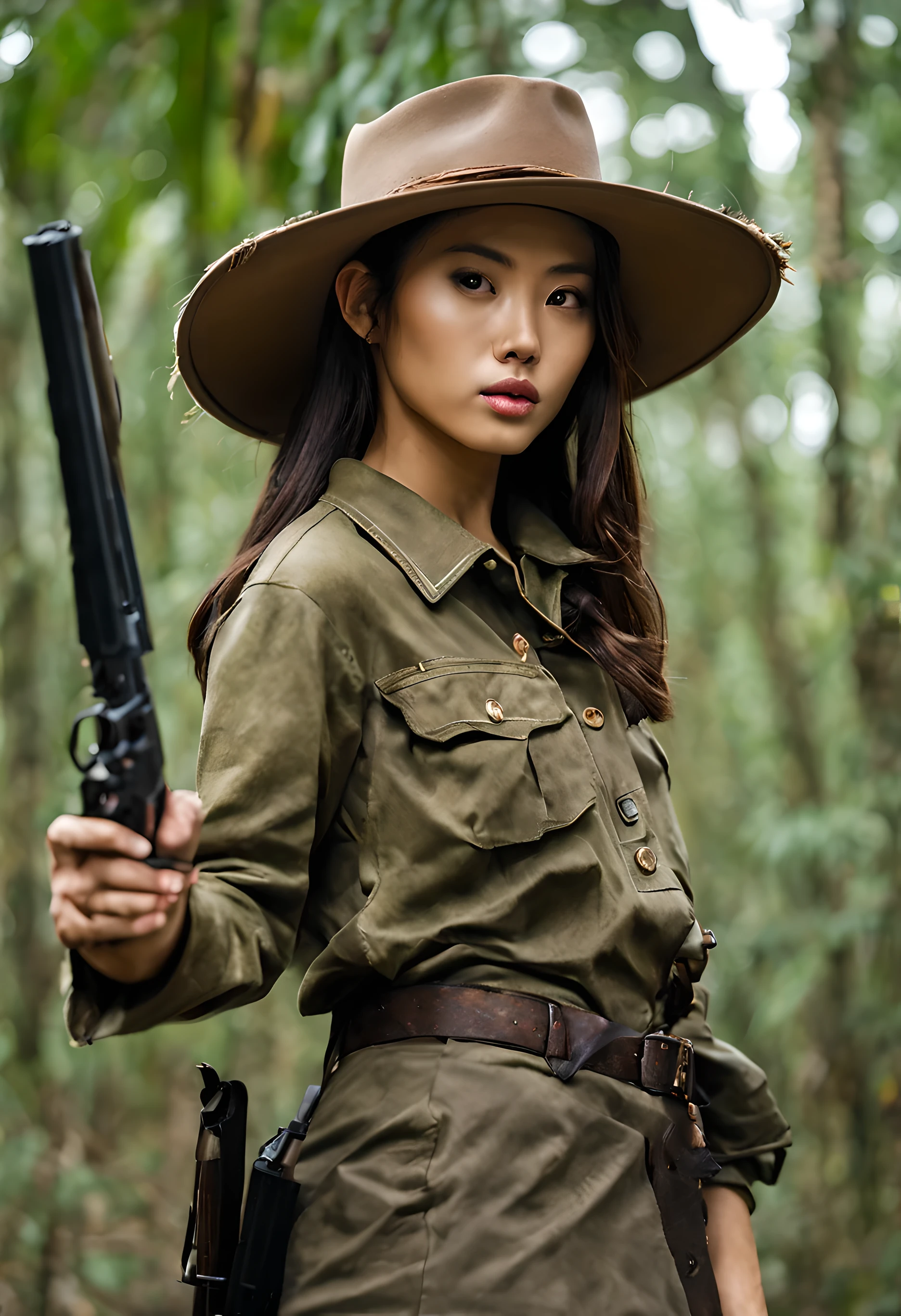 remote image,Take the whole body(Look from head to toe,Beautiful girl of half Thai-English descent., 20 years old..weather,dark brown hair,Upturned nose,Thin mouth,Wear a wide hat.,Wear a jungle hunter&#39;s outfit.&#39;The costume of,Holding a gun and pointing it at the camera Realistic picture---okf4kr 9-16 
