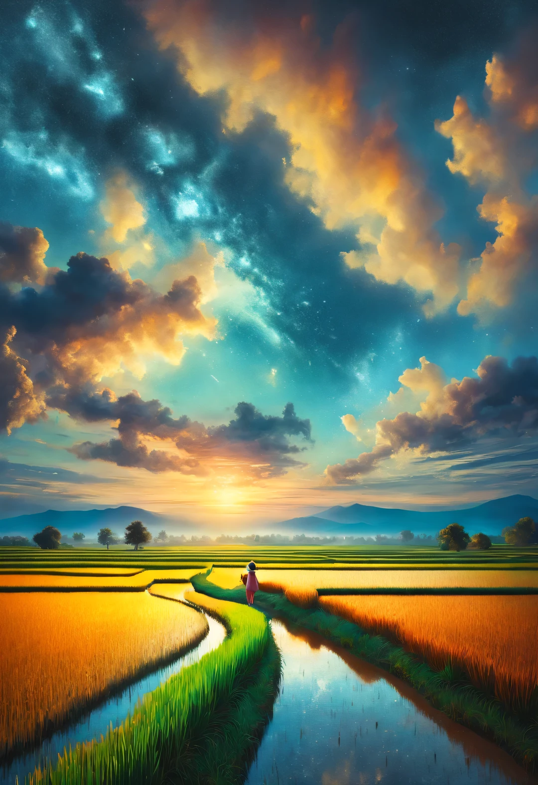 best quality, 8k, High quality, masterpiece: 1.2, Super fine, realism: 1.37, double exposure,
(Endless rice fields and a little girl), blue sky, dreamy atmosphere, bright color palette, Vibrant shades, Impressionist brushstrokes, Subtle lighting effects, sunset on the horizon, Harmony between nature and sky, textured brushstrokes, Abundant and vibrant crops, dusk atmosphere, Tranquil pastoral scenery, Shining stars light up the night, create tranquility、Picturesque setting, Inspired by the style and techniques of Van Gogh. Sublime and atmospheric depiction, ethereal beauty, Fascinating celestial phenomenon,