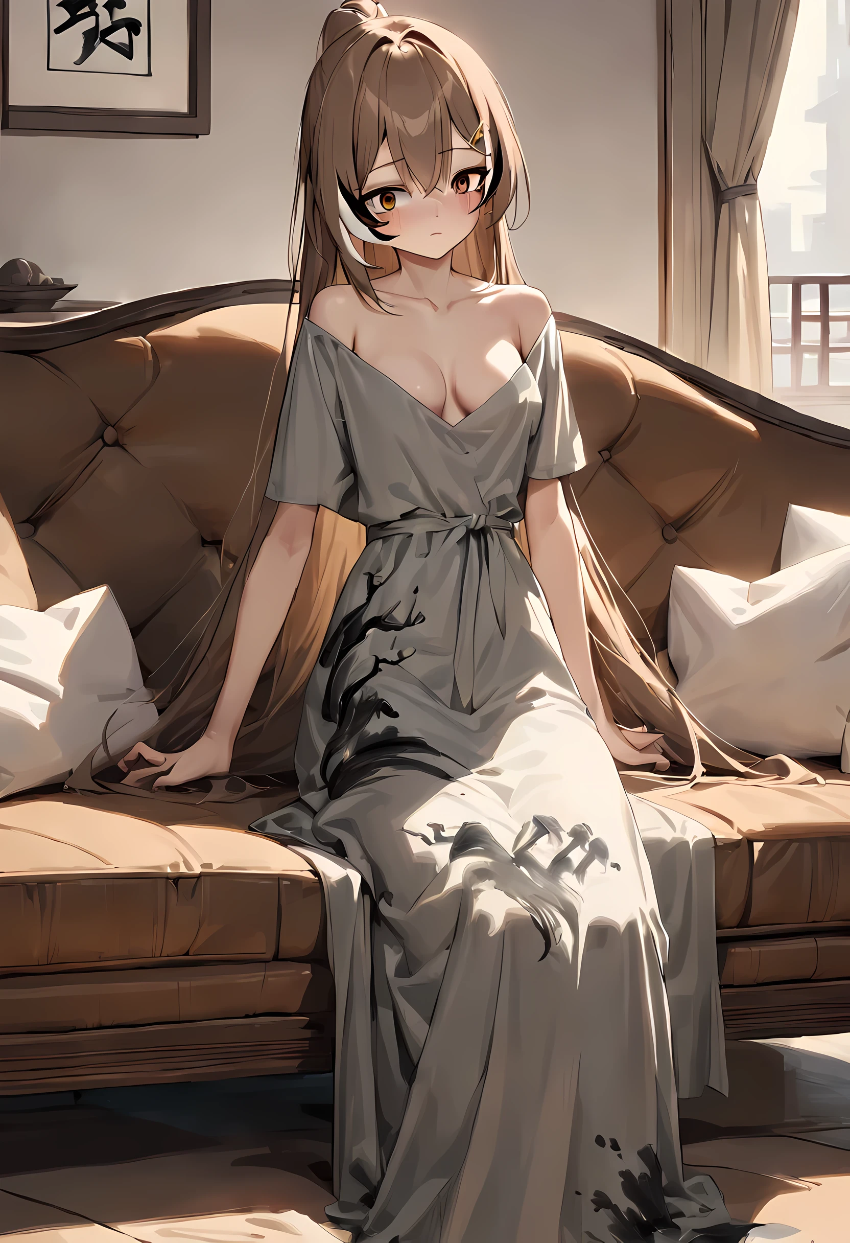 Qiwuwuming/(Holographic live broadcast/), (masterpiece, best quality: 1.2), Chinese traditional ink painting, 18-year-old cute medium-breasted girl, oversized dress :1.2, bench, Super detailed faces, delicate eyes, double eyelids, SFW , long skirt