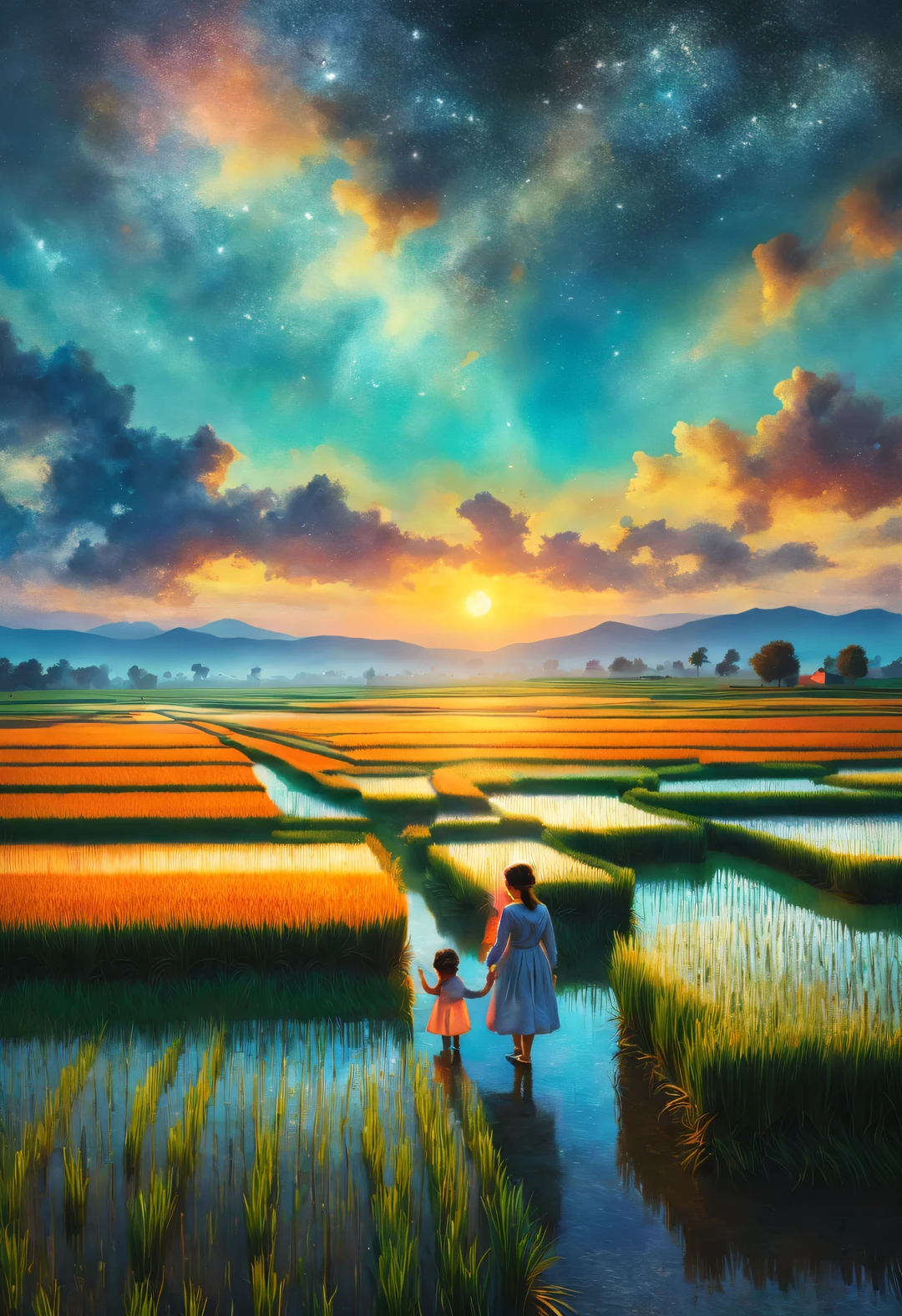 best quality, 8k, High quality, masterpiece: 1.2, Super fine, realism: 1.37, double exposure,
(Endless rice fields and a girl), blue sky, dreamy atmosphere, bright color palette, Vibrant shades, Impressionist brushstrokes, Subtle lighting effects, sunset on the horizon, Harmony between nature and sky, textured brushstrokes, Abundant and vibrant crops, dusk atmosphere, Tranquil pastoral scenery, Shining stars light up the night, create tranquility、Picturesque setting, Inspired by the style and techniques of Van Gogh. Sublime and atmospheric depiction, ethereal beauty, Fascinating celestial phenomenon,