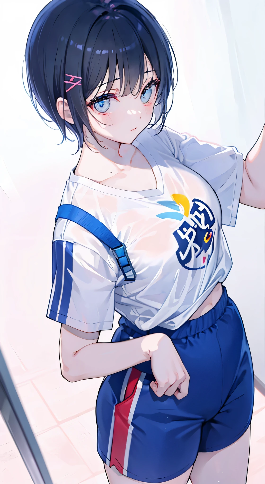 "(perfect masterpiece:1.2), (highest quality:1.2), stunning face,  mature and chubby, Big eyes, compensate, long and luxurious eyelashes, lip whole, irresistible charisma.",belly button,(((girl like boy))),(((very short hair))),腹logic,raised his arms,NSFW,(((logic)))，sports pants，sportswear，hair clip，training，Sweat，yoga，wallpaper，white t-shirt，small breasts，pixie cut