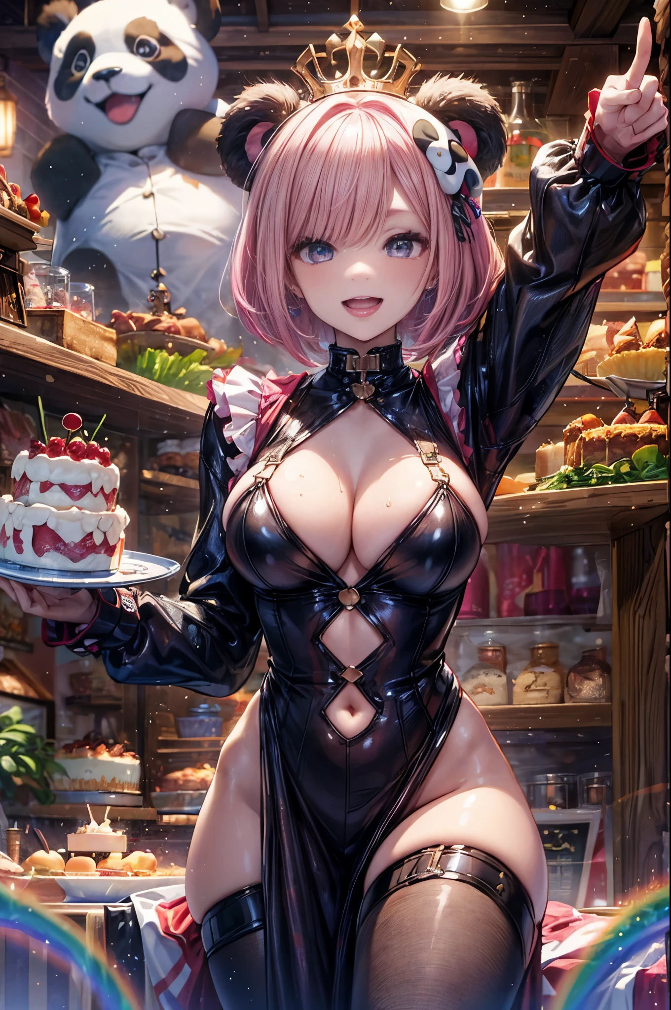 ((Woman celebrating with panda cake)), break, sexy, skindentation, ((highest quality)), ((masterpiece)), (familiar), perfect face, 8k , break, short hair, ((pink hair)), bob cut, black eye, beautiful princess, (smile), metallic costume, medium breasts, (dynamic pose),