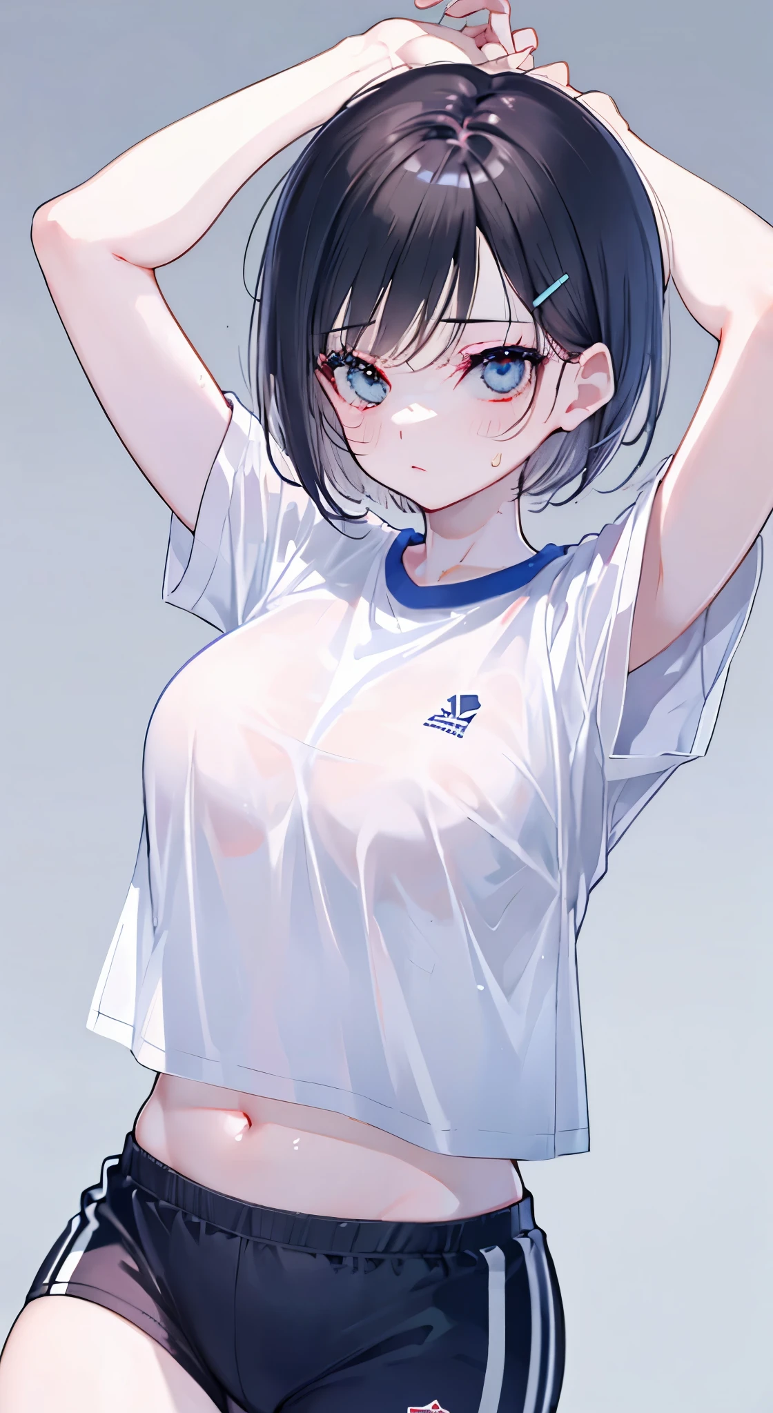 "(perfect masterpiece:1.2), (highest quality:1.2), stunning face, mature and chubby, Big eyes, compensate, long and luxurious eyelashes, lip whole, irresistible charisma.",belly button,(((girl like boy))),(((very short hair))),腹logic,raised his arms,NSFW,(((logic))),sports pants,sportswear,hair clip,training,Sweat,yoga,wallpaper,white t-shirt,small breasts,pixie cut