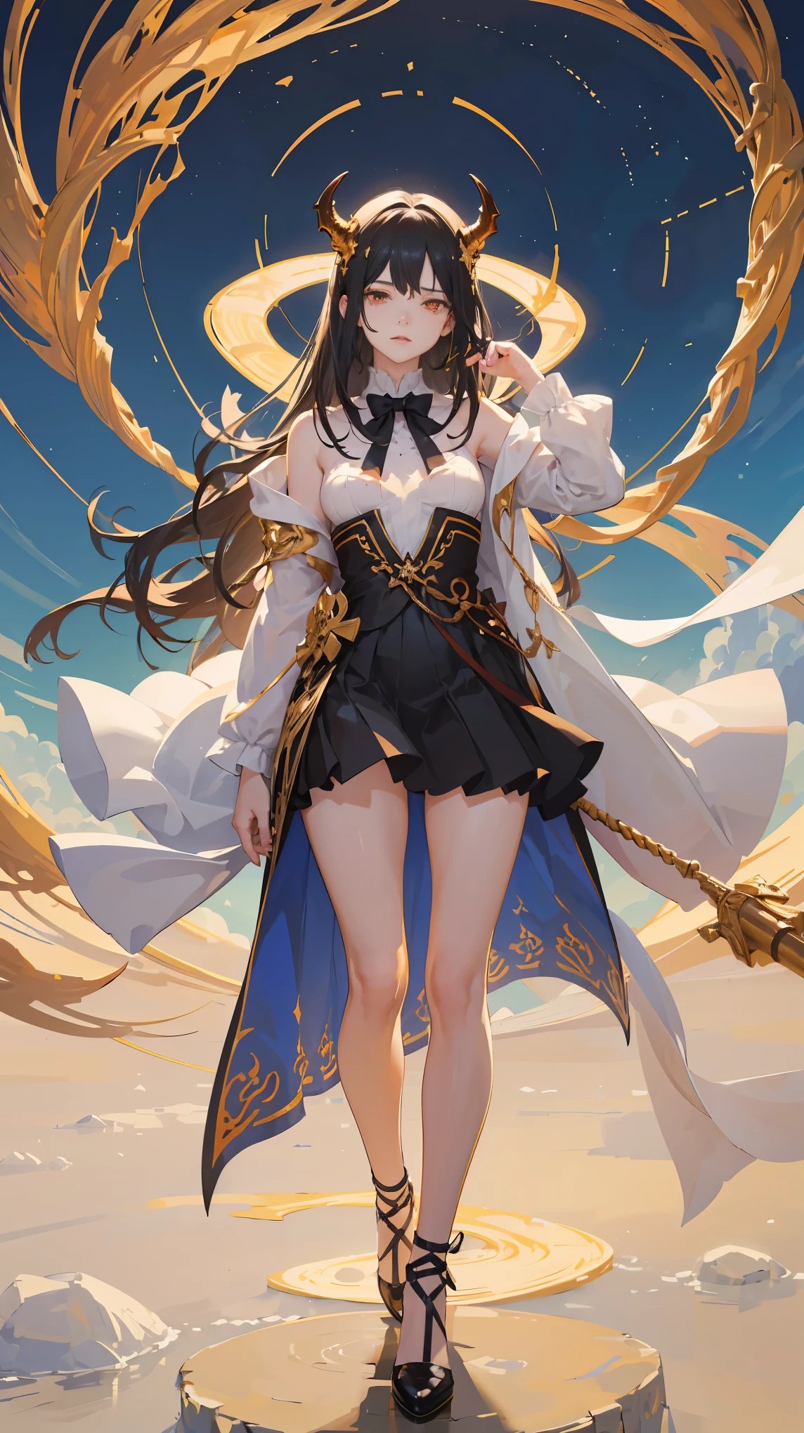 Ancient Star goddess, Perfect female anatomy (Adult Female, 166cm in height, pale skin, slim, slender, 34D breast size, Dark Orange Eyes with beautiful details, Long Straight Black Hair, Beauty Mark Mole on right cheek bone, a set of black horns on her head), Neutral facial expression, Elegant white dress with black bow tie, blue coat knee length, dragon motifs, gold and rope accessories, View of the open blue sky with only clouds, receiving light from the front, Ethereal glow