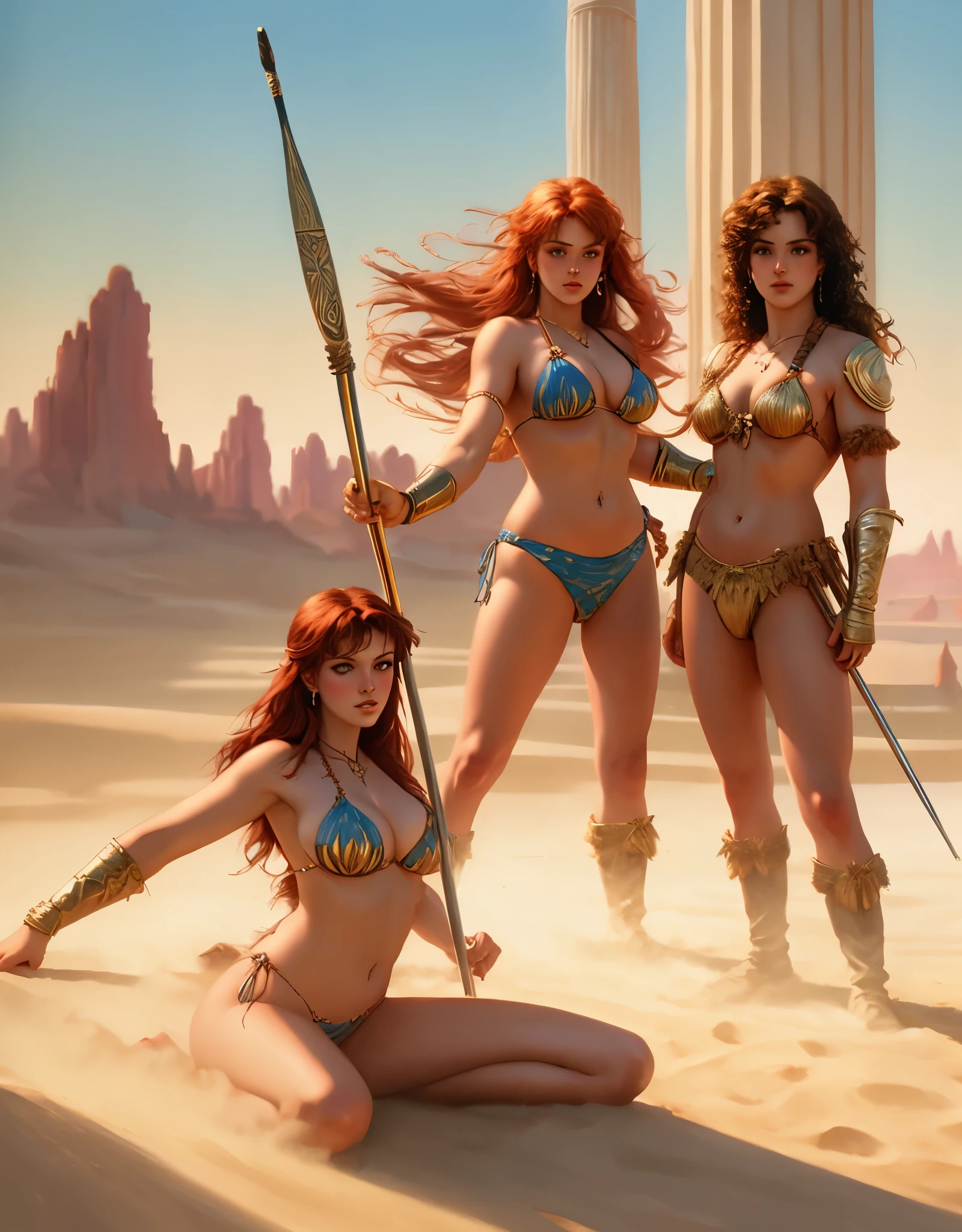 a painting of three women in bikinis with a bow and arrow, frase franca de mark brooks, Boris Vallejo))), Arte de fantasia dos anos 80, Boris Vallejo artstyle, Boris Vallejo style, por Greg Hildebrandt, por Tim Hildebrandt, por Boris Vallejo, por Clyde Caldwell, Arte de fantasia dos anos 80, por Tim e Greg Hildebrandt, MODELOS 3D, MULHERES EM 3D, Arte de fantasia dos anos 80, JULIE BELL artstyle, ARTE FANTASIA DOS ANOS 90, AMAZONAS GUERREIRAS DA FLORESTA, ARMADURA VERDE, Indigenous clothing, GUERREIRA BRANCAS, INDIGENOUS WARRIORS, GUERREIRA RED SONJA, pintura, Traditional media, realista, detailed symmetrical eyes, detalhado, figurativo, belas artes, oil on the canvas, HDR, 8k, Personagem original, high resolution, alto detalhe, (NSFW:1.0), seios enormes