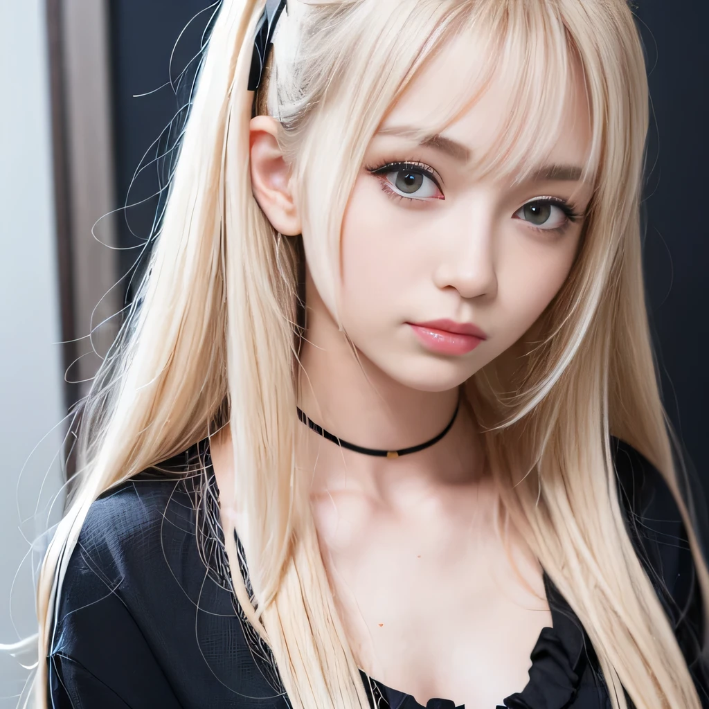 portrait、japanese school uniform、bright look、twin tails、young shiny glossy white shiny skin、best looks、blonde reflection、Platinum blonde hair with dazzling highlights、shiny bright hair,、super long straight hair、Shining beautiful bangs、Sparkling crystal clear charming big blue eyes、A very beautiful and lovely cute 16 year old girl、rich bust、White and beautiful blouse、With slit、((I could see the whole body))、beautiful face、The chest area of the clothes looks tight、Loosening perm、Pleated skirt with plenty of checked pleats、No bra、
