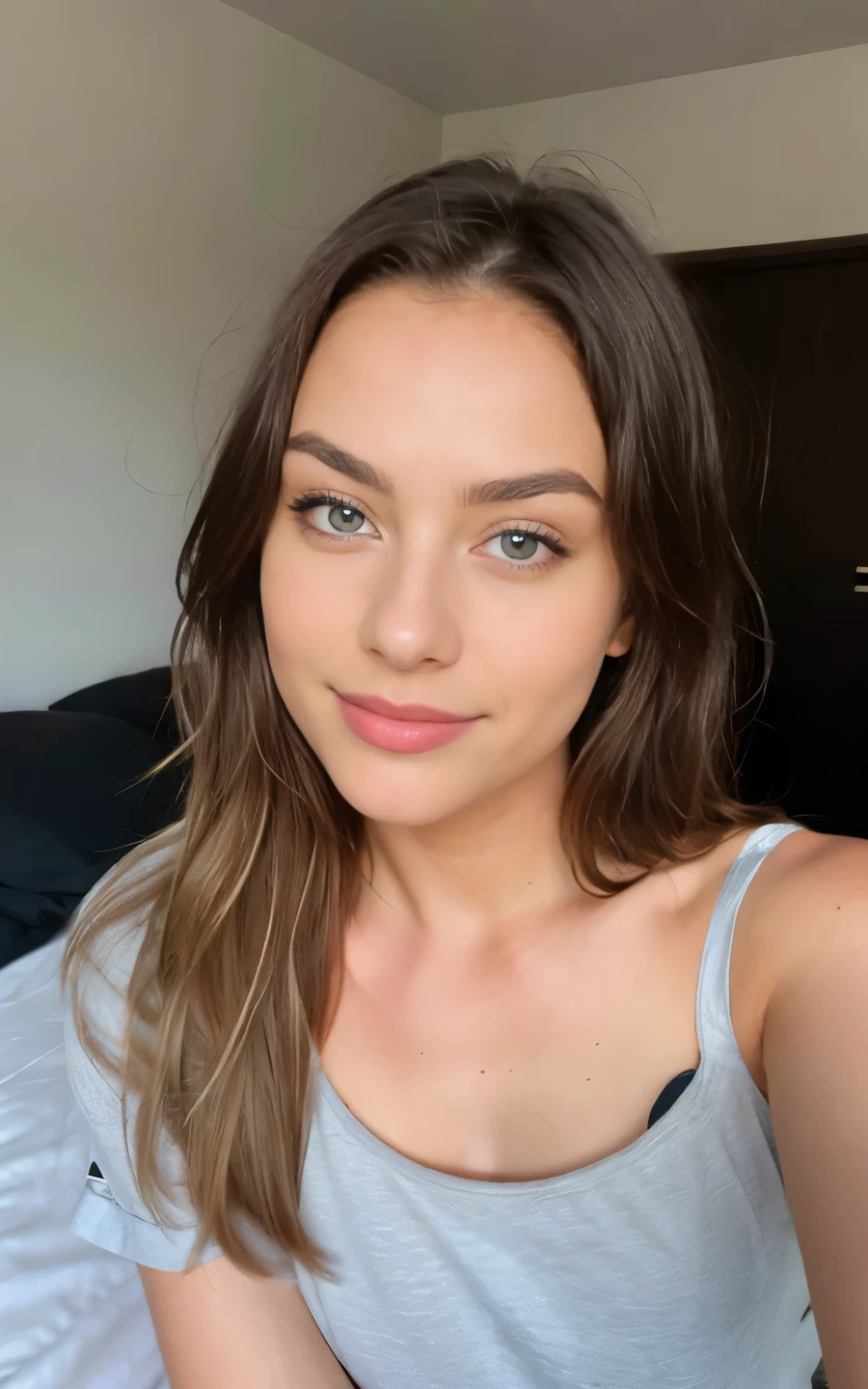 Jolie belle blonde en pyjama sexy faisant un selfie (dans un lit), Selfie, tief geschnitten, sehr detailliert, 14 Jahre alt, Gesicht unschuldig, naturally wavy hair, yeux bleus, high resolution, tMeisterwerk, best quality, Komplizierte hohe Detailgenauigkeit, sehr detailliert, scharfer Fokus, detaillierte Haut, realistic skin Textur, Textur, Detaillierte Augen, Fachmann, 4K, Charming smile, aufgenommen mit Canon, 85 mm, Slight depth of field, Kodak Vision Couleur, Perfectly fitting body, extremely detailed, Fotografier_\(Ultra\), Fotografierrealiste, Realstic, Nachbehandlung, maximale Details, Rauheit, wahres Leben, Ultrarealistic, Fotorealismus, Fotografie, 8K UHD, Fotografie