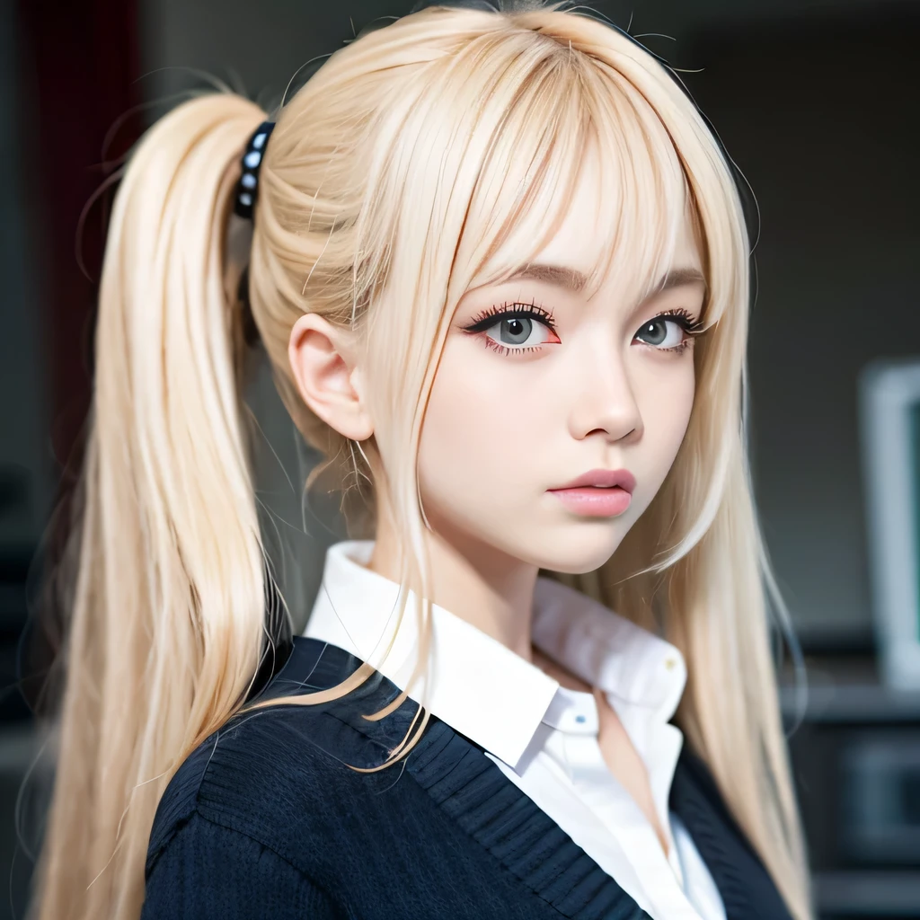 portrait、japanese school uniform、bright look、twin tails、young shiny glossy white shiny skin、best looks、blonde reflection、Platinum blonde hair with dazzling highlights、shiny bright hair,、super long straight hair、Shining beautiful bangs、Sparkling crystal clear charming big blue eyes、A very beautiful and lovely cute 16 year old girl、rich bust、White and beautiful blouse、With slit、((I could see the whole body))、beautiful face、The chest area of the clothes looks tight、Loosening perm、Pleated skirt with plenty of checked pleats、No bra、
