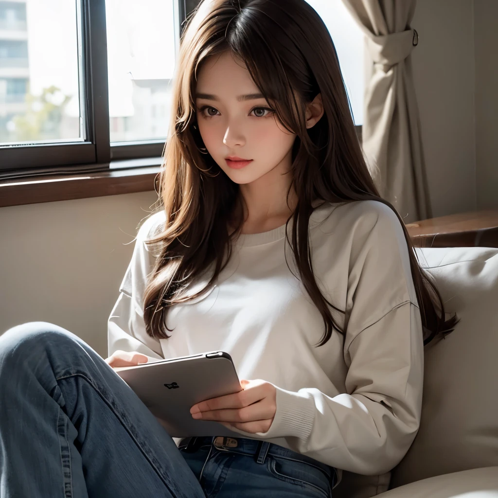 Girl, long brown hair, gray eyes, calm features, white skin, jeans style