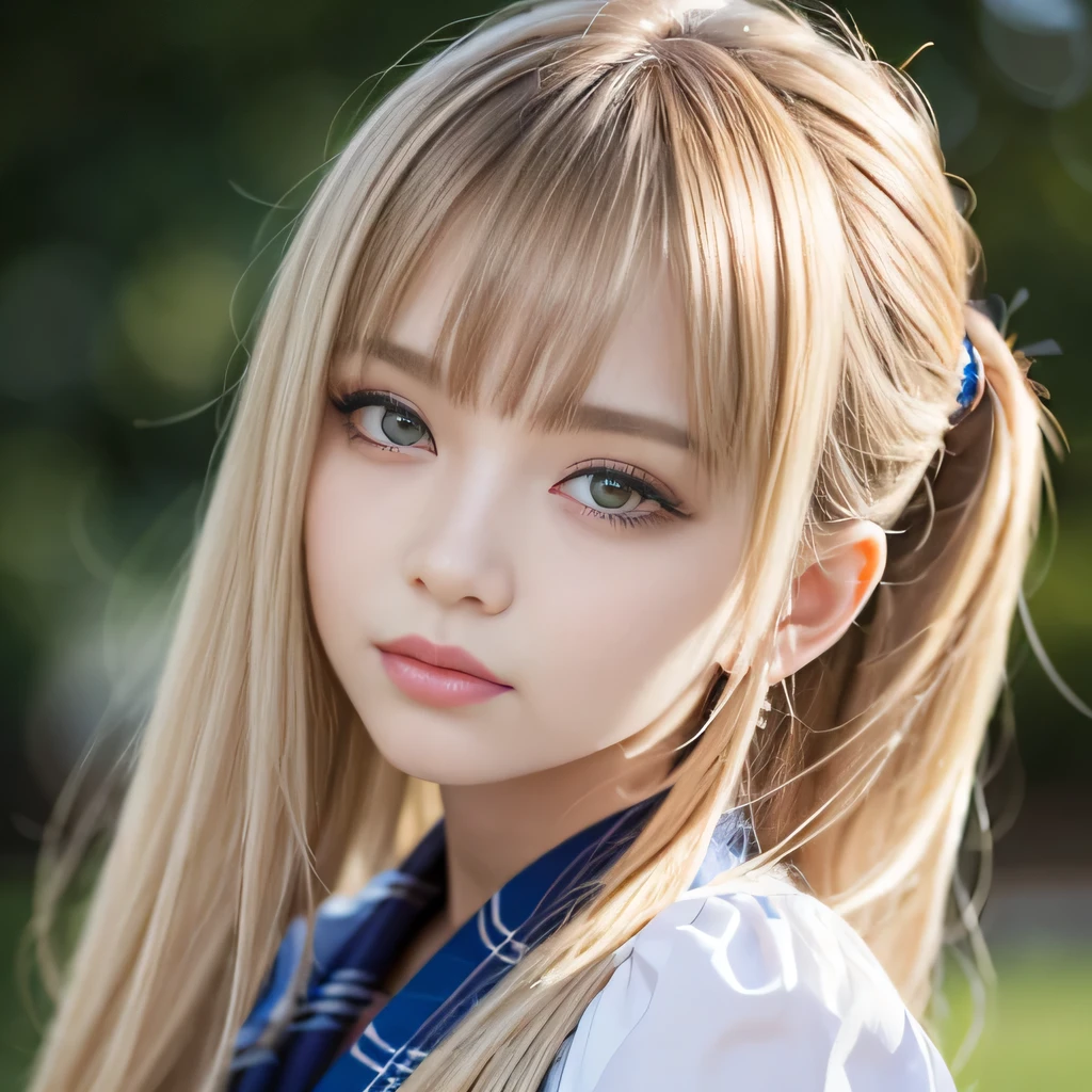 portrait、japanese school uniform、bright look、twin tails、young shiny glossy white shiny skin、best looks、blonde reflection、Platinum blonde hair with dazzling highlights、shiny bright hair,、super long straight hair、Shining beautiful bangs、Sparkling crystal clear charming big blue eyes、A very beautiful and lovely cute 16 year old girl、rich bust、White and beautiful blouse、With slit、((I could see the whole body))、beautiful face、The chest area of the clothes looks tight、Loosening perm、Pleated skirt with plenty of checked pleats、No bra、