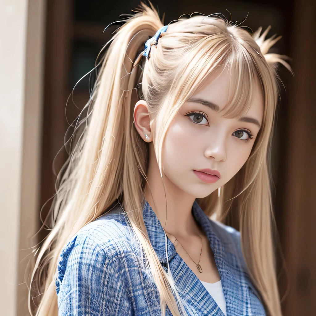 portrait、japanese school uniform、bright look、twin tails、young shiny glossy white shiny skin、best looks、blonde reflection、Platinum blonde hair with dazzling highlights、shiny bright hair,、super long straight hair、Shining beautiful bangs、Sparkling crystal clear charming big blue eyes、A very beautiful and lovely cute girl、rich bust、White and beautiful blouse、With slit、((I could see the whole body))、beautiful face、The chest area of the clothes looks tight、Loosening perm、Pleated skirt with plenty of checked pleats、No bra、