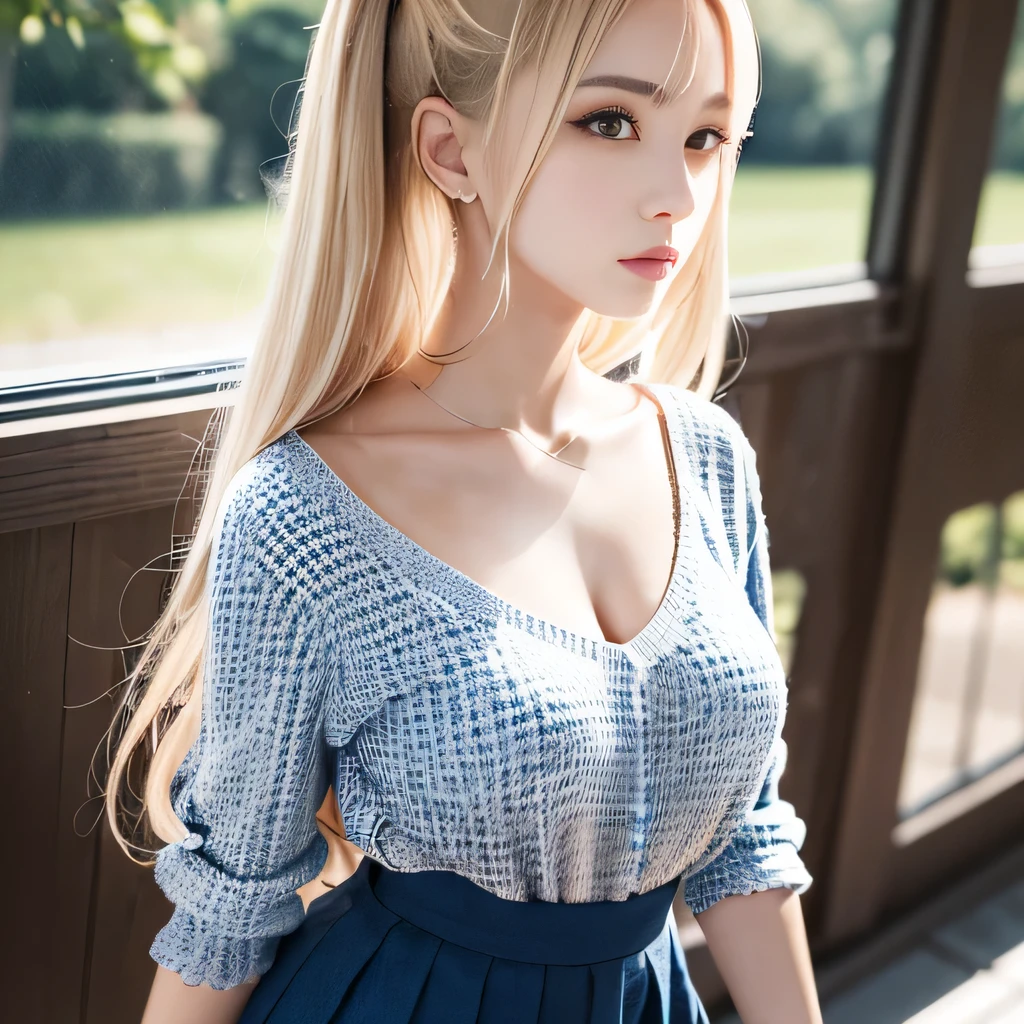 portrait、japanese school uniform、bright look、twin tails、young shiny glossy white shiny skin、best looks、blonde reflection、Platinum blonde hair with dazzling highlights、shiny bright hair,、super long straight hair、Shining beautiful bangs、Sparkling crystal clear charming big blue eyes、A very beautiful and lovely cute 16 year old girl、rich bust、White and beautiful blouse、With slit、((I could see the whole body))、beautiful face、The chest area of the clothes looks tight、Loosening perm、Pleated skirt with plenty of checked pleats、No bra、
