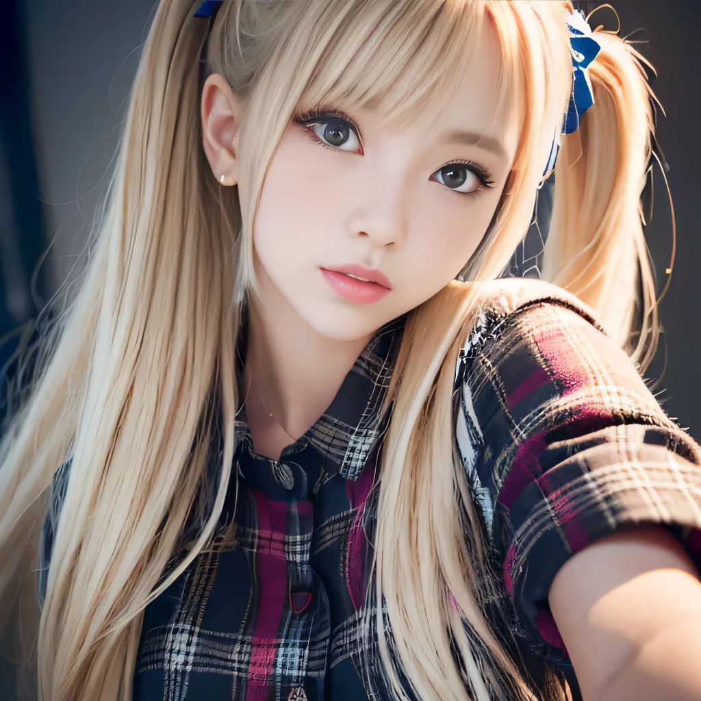 portrait、japanese school uniform、bright look、twin tails、young shiny glossy white shiny skin、best looks、blonde reflection、Platinum blonde hair with dazzling highlights、shiny bright hair,、super long straight hair、Shining beautiful bangs、Sparkling crystal clear charming big blue eyes、A very beautiful and lovely cute girl、rich bust、White and beautiful blouse、With slit、((I could see the whole body))、beautiful face、The chest area of the clothes looks tight、Loosening perm、Pleated skirt with plenty of checked pleats、No bra、