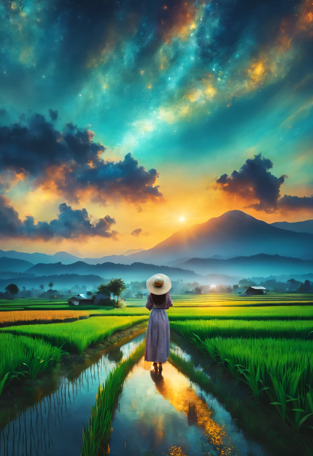 best quality, 8k, High quality, masterpiece: 1.2, Super fine, realism: 1.37, double exposure,
(Endless rice fields and a ***********), blue sky, dreamy atmosphere, bright color palette, Vibrant shades, Impressionist brushstrokes, Subtle lighting effects, sunset on the horizon, Harmony between nature and sky, textured brushstrokes, Abundant and vibrant crops, dusk atmosphere, Tranquil pastoral scenery, Shining stars light up the night, create tranquility、Picturesque setting, Inspired by the style and techniques of Van Gogh. Sublime and atmospheric depiction, ethereal beauty, Fascinating celestial phenomenon,