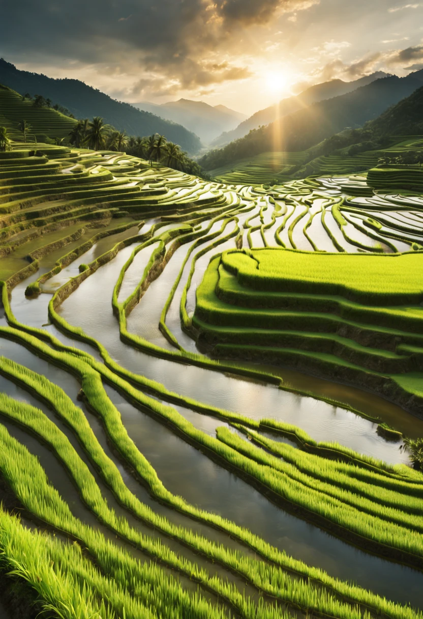Photorealistic, Detailed photograph of rice paddy terraces in rural Asia during golden hour. Golden sun rays shining through clouds, lighting up vibrant green rice plants growing in flooded terraces on mountainside. Shallow water reflecting sky and clouds. Long depth of field, wide angle lens. 8k resolution, extremely detailed, photorealistic, aesthetic