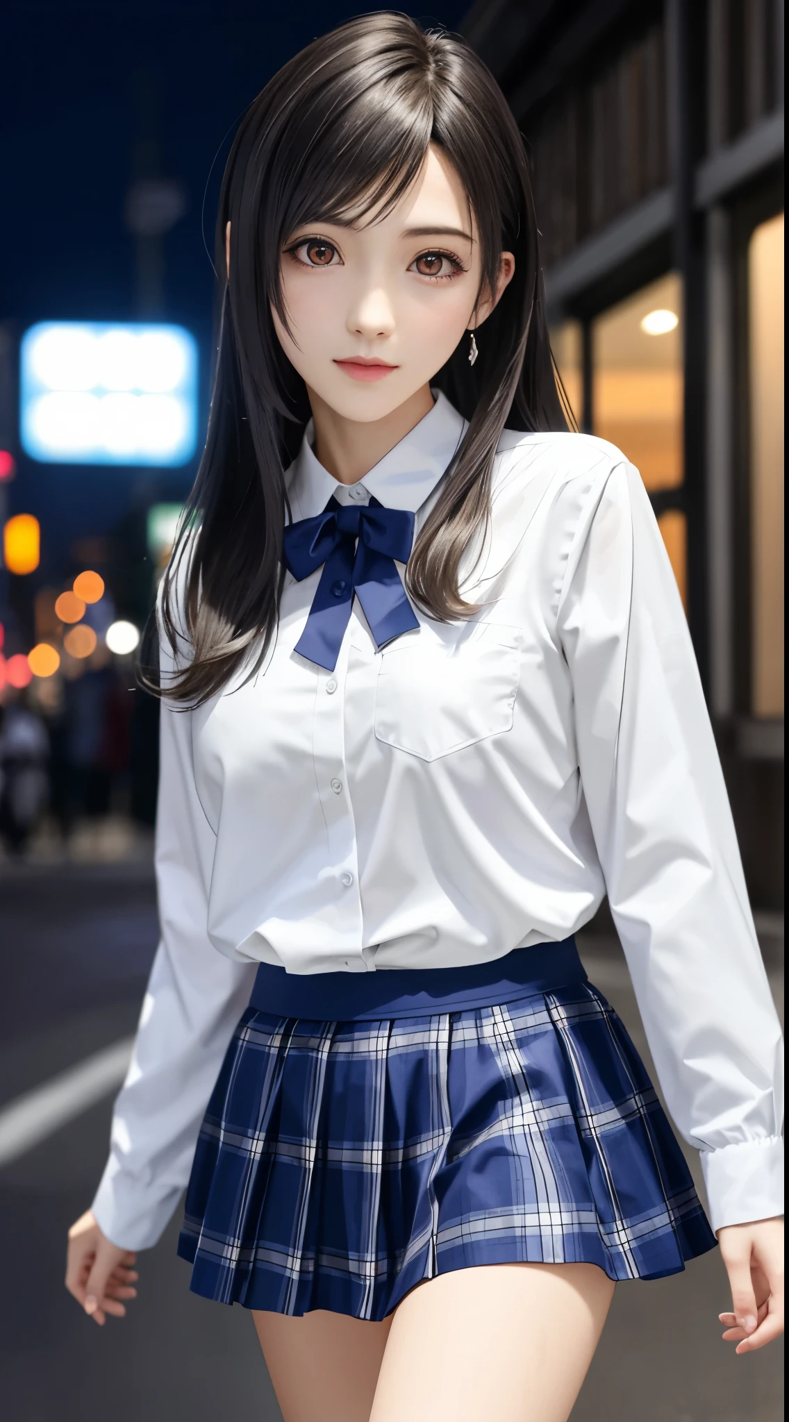 {top quality, masterpiece},{{{Realistic, photo Realistic}}},wallpapers, BREAK (((FF7,Tifa_lockhart))),{{{Japanese JK uniform, Navy Blue blazer, collared school shirt, long-sleeved, Navy Blue Plaid Pleated mini-Skirt, white short socks, loafers}}},{{background big city, Shibuya, neon}},Cinematic lighting, city light at night,{{gravure pose, Nogizaka idol}},Ultra-detailed face, Detailed eyes, Red eyes, BREAK (((FF7,Tifa_lockhart))),{black brown hair, medium breasts}, BREAK , About 18 years old, kawaii, sensual, looking at viewer, (face focus:1.2), Beautiful legs, walking ,no make-up