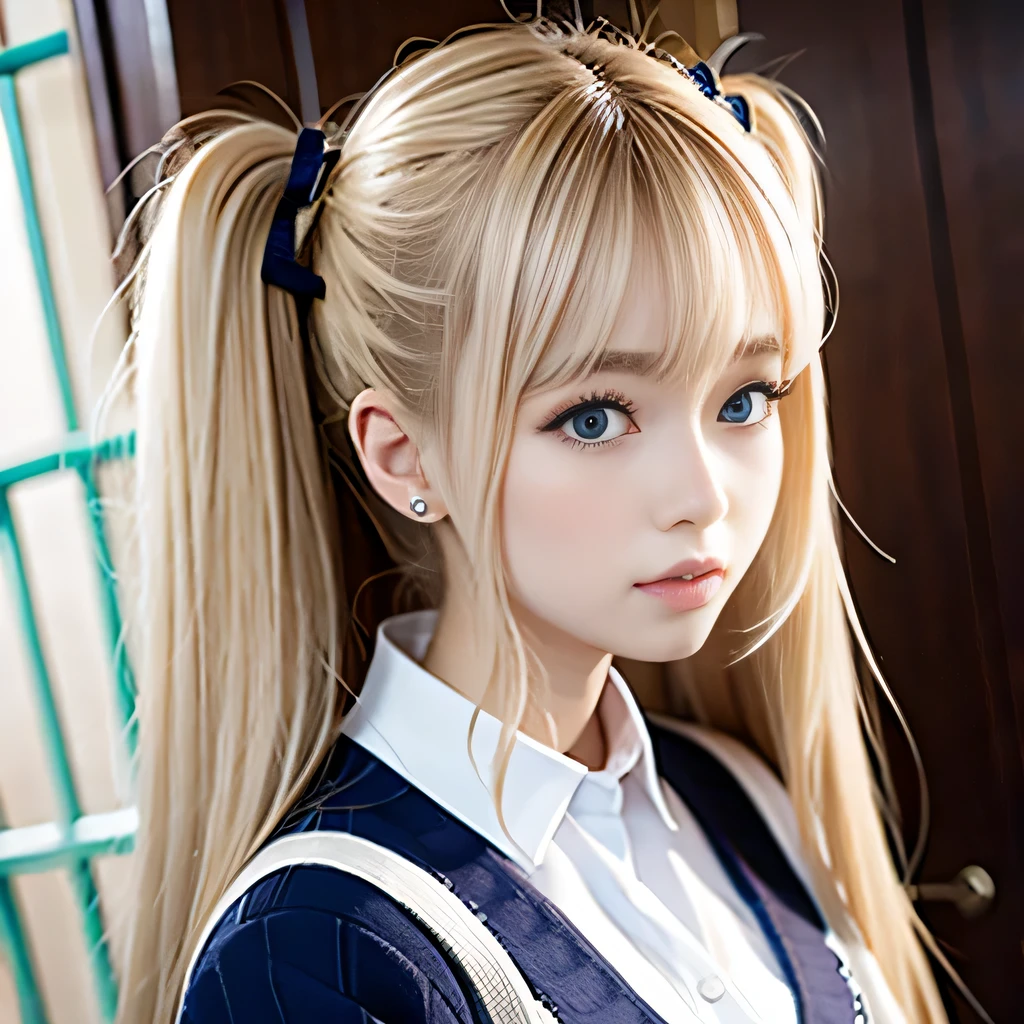 portrait、japanese school uniform、bright look、twin tails、young shiny glossy white shiny skin、best looks、blonde reflection、Platinum blonde hair with dazzling highlights、shiny bright hair,、super long straight hair、Shining beautiful bangs、Sparkling crystal clear charming big blue eyes、A very beautiful and lovely cute 16 year old girl、rich bust、White and beautiful blouse、With slit、((I could see the whole body))、beautiful face、The chest area of the clothes looks tight、Loosening perm、Pleated skirt with plenty of checked pleats、No bra、