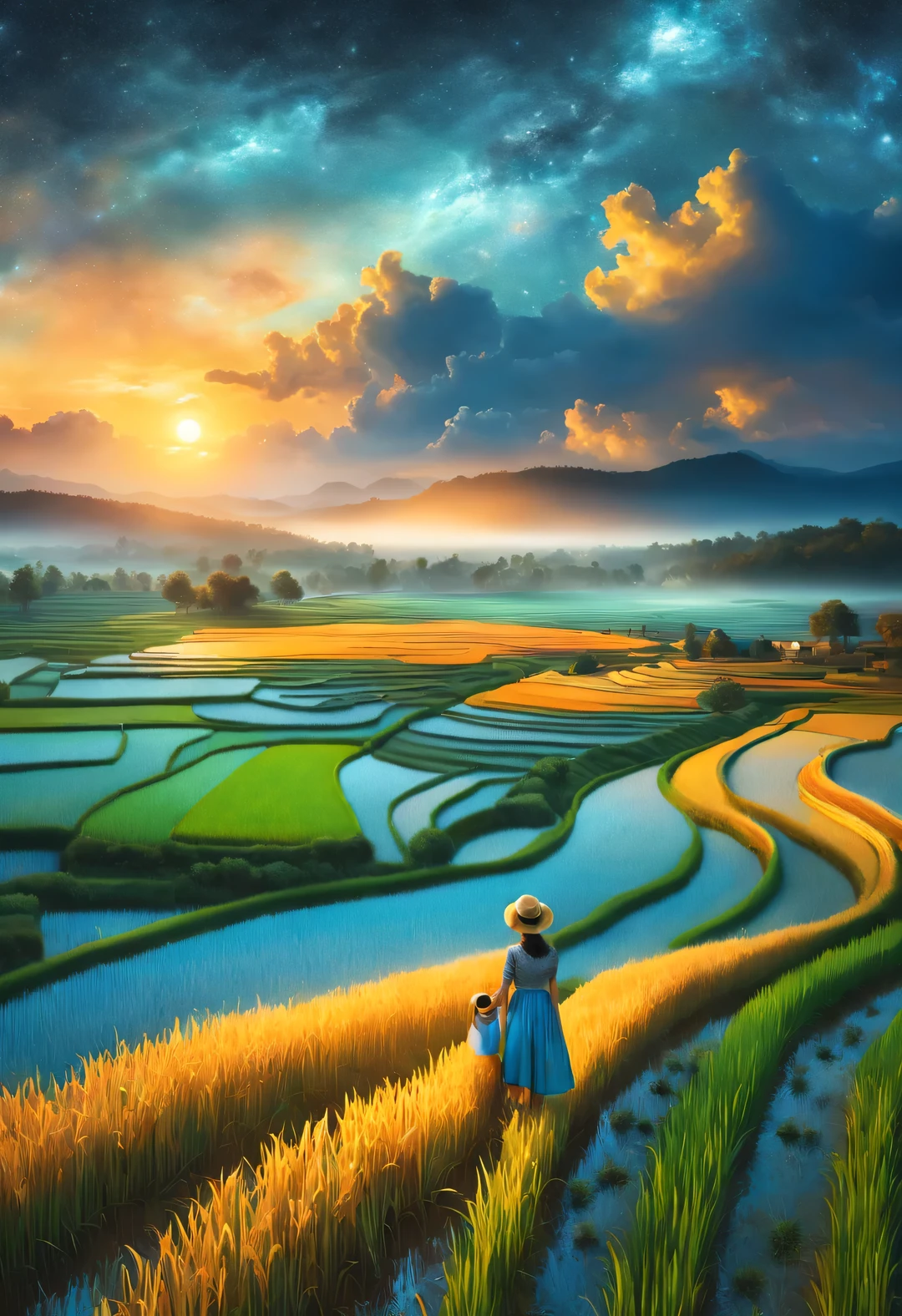 best quality, 8k, High quality, masterpiece: 1.2, Super fine, realism: 1.37, double exposure,
(Endless rice fields and a little girl), blue sky, dreamy atmosphere, bright color palette, Vibrant shades, Impressionist brushstrokes, Subtle lighting effects, sunset on the horizon, Harmony between nature and sky, textured brushstrokes, Abundant and vibrant crops, dusk atmosphere, Tranquil pastoral scenery, Shining stars light up the night, create tranquility、Picturesque setting, Inspired by the style and techniques of Van Gogh. Sublime and atmospheric depiction, ethereal beauty, Fascinating celestial phenomenon,