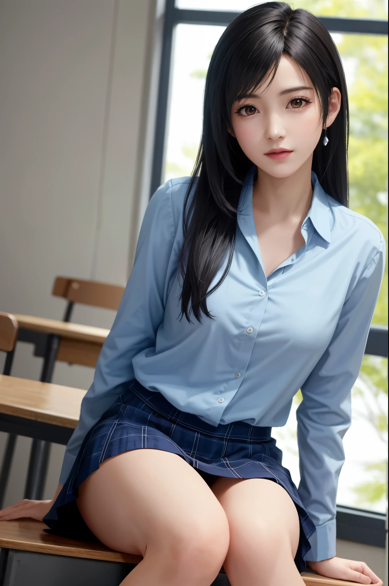 {top quality, masterpiece, ultra detailed}, (Realistic: 1.3), (photo Realistic: 1.3),wallpapers, BREAK {from below},(((FF7,Tifa_lockhart))),{{{Japanese JK uniform, collared school shirt, long-sleeved, Navy Blue Plaid Pleated mini-Skirt}}}, {{high school, classroom}}, Cinematic lighting, sunset ,{{cool pose, Nogizaka idol}}, Ultra-detailed face, Detailed eyes, Red eyes, BREAK (((FF7,Tifa_lockhart))),{black brown hair, medium breasts}, BREAK , About 18 years old, kawaii, sensual, looking at viewer,{{{face focus, lip close up}}},Challenging eyes, making fun of the viewer, mocking, look down, disdain