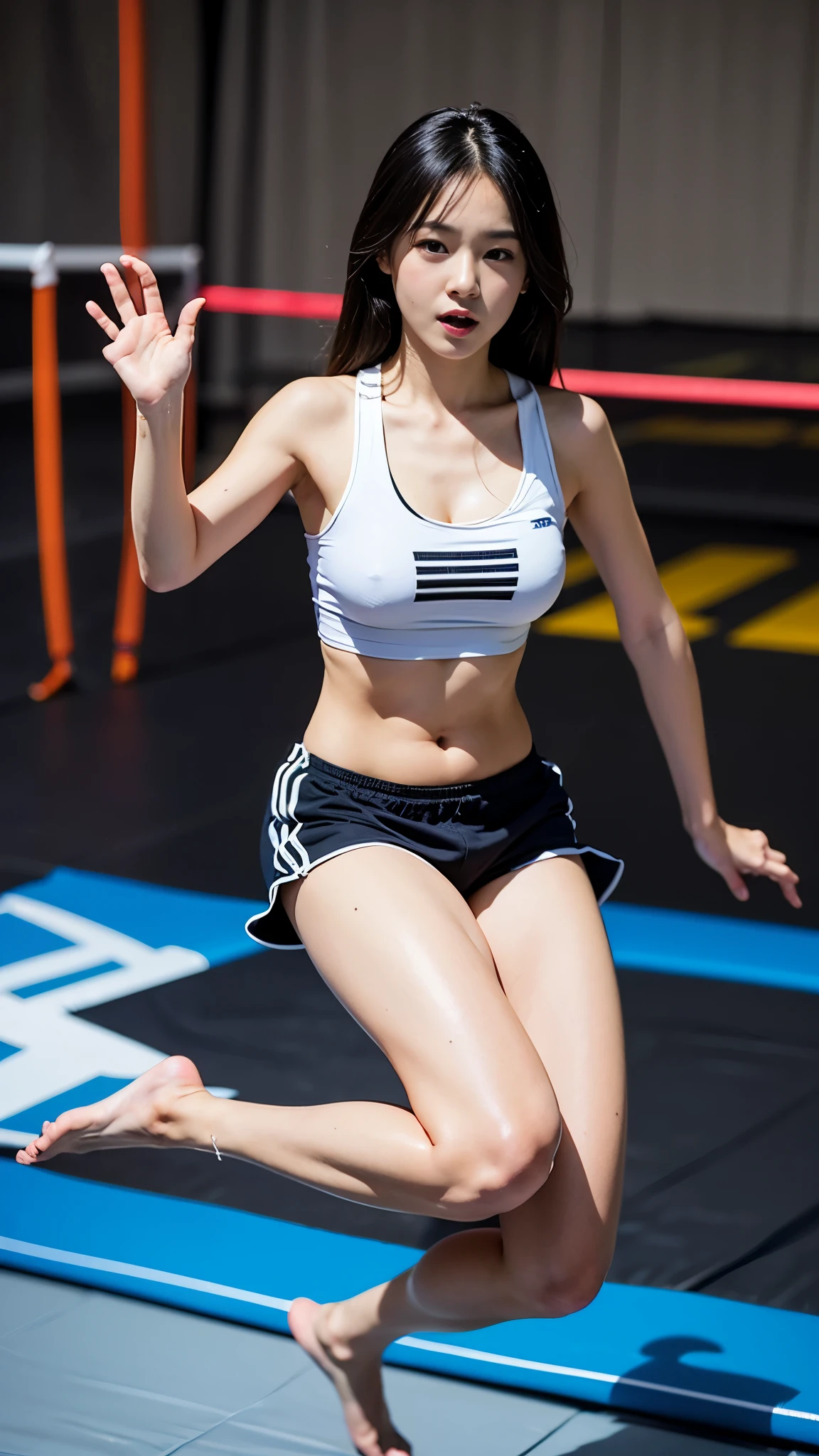 (jumping on a trampoline:1.3), Beautiful angular sternness, socks, short skirt, t-shirt, ultra high definition, clear face, 8k firebox, high quality, gym shorts, big bust, sagging breasts, giant trampoline, (masterpiece), masterpiece, masterpiece_portrait, distinct, distinct_image, highres, high_resolution, high_quality, high_quality_anime, super_detail, hyper_detail, perfect_anatomy, perfect_body, perfect_navel, perfect_face, perfect_eyes, perfect_chest, perfect_nipples, perfect_hips, perfect_arms, perfect_hands, perfect_fingers, perfect_legs, perfect_feet, perfect_toe, 1other, 1girl, small_face, long_eyelashes, girl, sagging_breasts, gigantic_breasts, slender_leg, thin_thighs, slender_thighs, (cleavage_cutout), (on the trampoline),