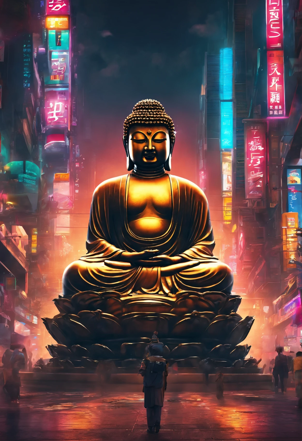 (Towering Buddha statue in the distance:1.5),(Cyberpunk city setting:1.2),(photorealistic:1.4),(best quality:1.0),(Highly concerned:1.0),8k,original photo,(masterpiece:0.2),Super detailed,(pilgrims on the road:0.8)