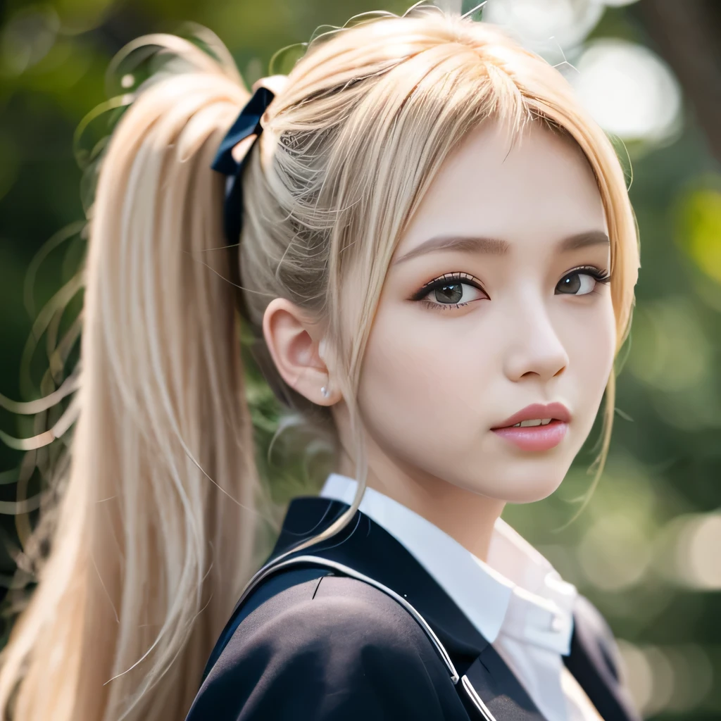 portrait、japanese school uniform、bright look、twin tails、young shiny glossy white shiny skin、best looks、blonde reflection、Platinum blonde hair with dazzling highlights、shiny bright hair,、super long straight hair、Shining beautiful bangs、Sparkling crystal clear charming big blue eyes、A very beautiful and lovely cute 16 year old girl、rich bust、White and beautiful blouse、With slit、((I could see the whole body))、beautiful face、The chest area of the clothes looks tight、Loosening perm、Pleated skirt with plenty of checked pleats、No bra、