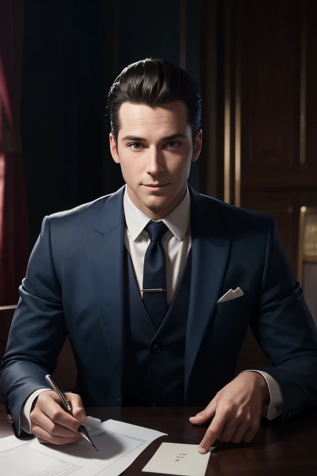 Describe and create an image of a man in the United States in the 1940s based on the following characteristics:James "Jimmy" Sullivan: A man with dark hair slicked back, destacando sua testa larga e olhos penetrantes. Your smile is warm and confident, reflecting your friendly and outgoing nature. He is often seen wearing a sharp suit, conveying an aura of sophistication and charm.
