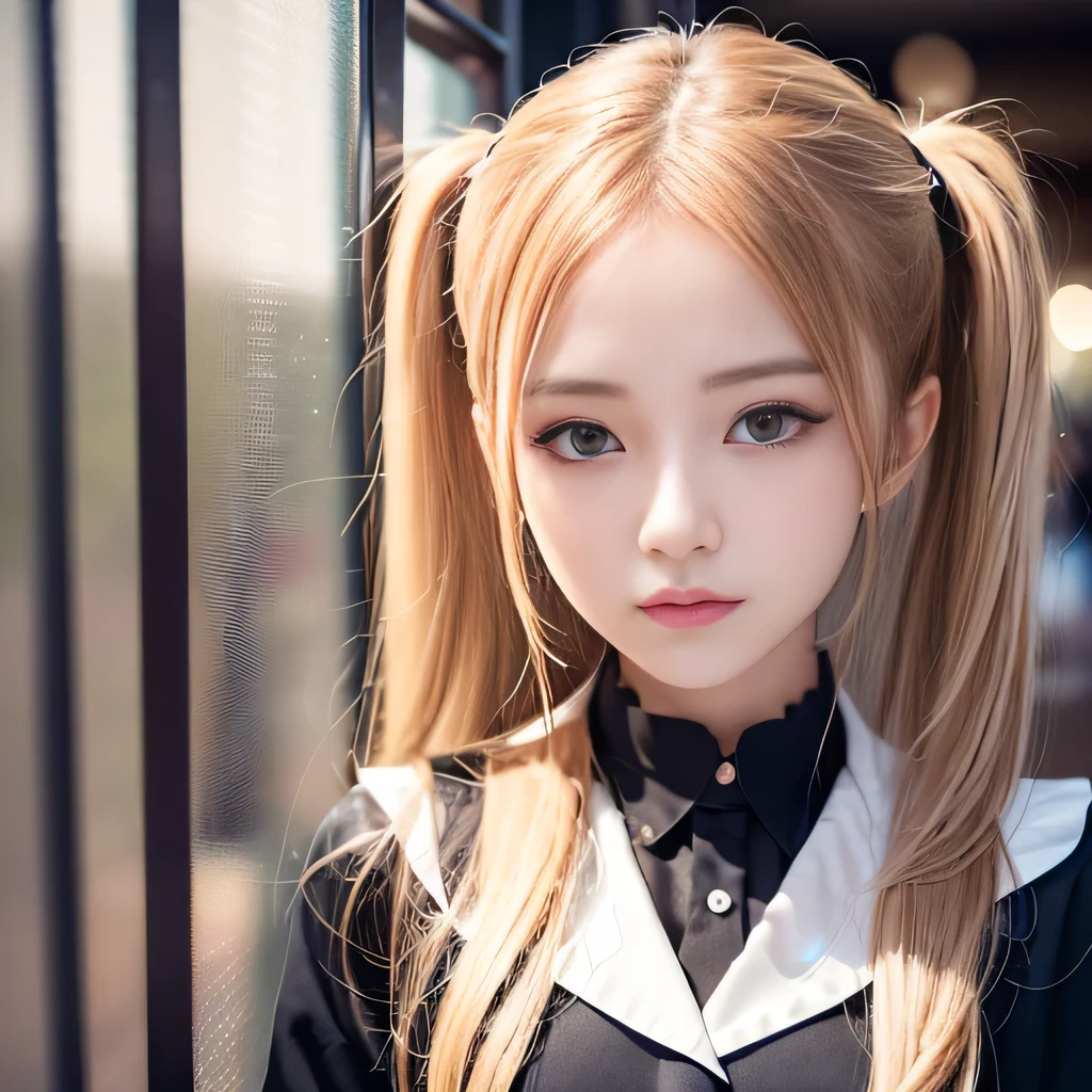 portrait、japanese school uniform、bright look、twin tails、young shiny glossy white shiny skin、best looks、blonde reflection、Platinum blonde hair with dazzling highlights、shiny bright hair,、super long straight hair、Shining beautiful bangs、Sparkling crystal clear charming big blue eyes、A very beautiful and lovely cute 16 year old girl、rich bust、White and beautiful blouse、With slit、((I could see the whole body))、beautiful face、The chest area of the clothes looks tight、Loosening perm、Pleated skirt with plenty of checked pleats、No bra、