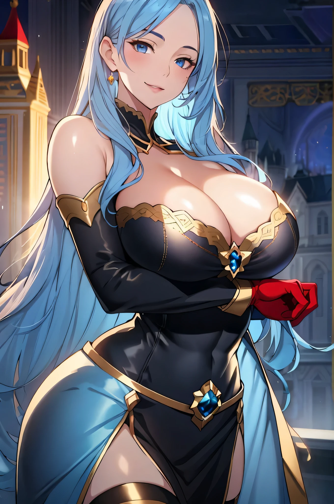 Lian, light blue hair, hair stick, bangs, blue eyes, solo, smiling, standing, upper body, hips, bare shoulders,purple thighhighs, black dress, gold jewelry,armor,gloves,circlet, cleavage, red and gold royal castle, gigantic breasts, (best quality, masterpiece, beautiful and aesthetic:1.2, highest detailed face, perfect face,) eyes, perfect face,expressive eyes,
looking at viewer, in the center of the image,(Upper_body),(Focus on her face),
official art,extremely detailed CG unity 8k wallpaper, perfect lighting,Colorful, Bright_Front_face_Lighting,shiny skin,
(masterpiece:1.0),(best_quality:1.0), ultra high res,4K,ultra-detailed