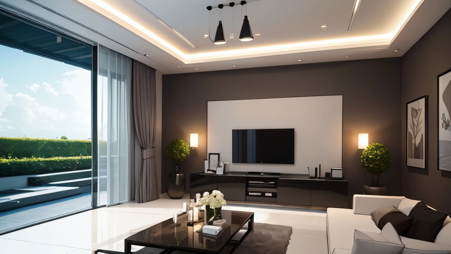 you are a famous interior designer、I was asked to create a 3D image of a large modern room.。. Create a harmonious environment with modern and minimalist furniture. Including garden interior.
