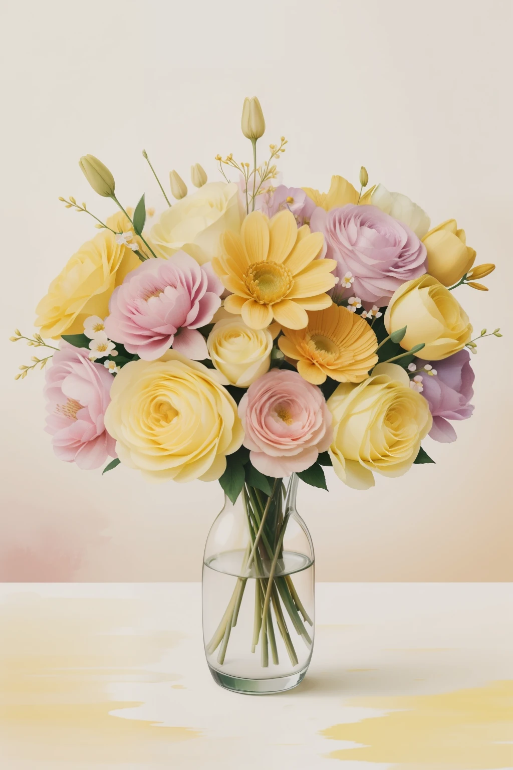 An elegant digital illustration depicting a stylish bouquet of spring flowers in soft pastel hues, arranged against a pale yellow background with subtle watercolor textures, capturing the timeless elegance and natural beauty of floral arrangements in April.