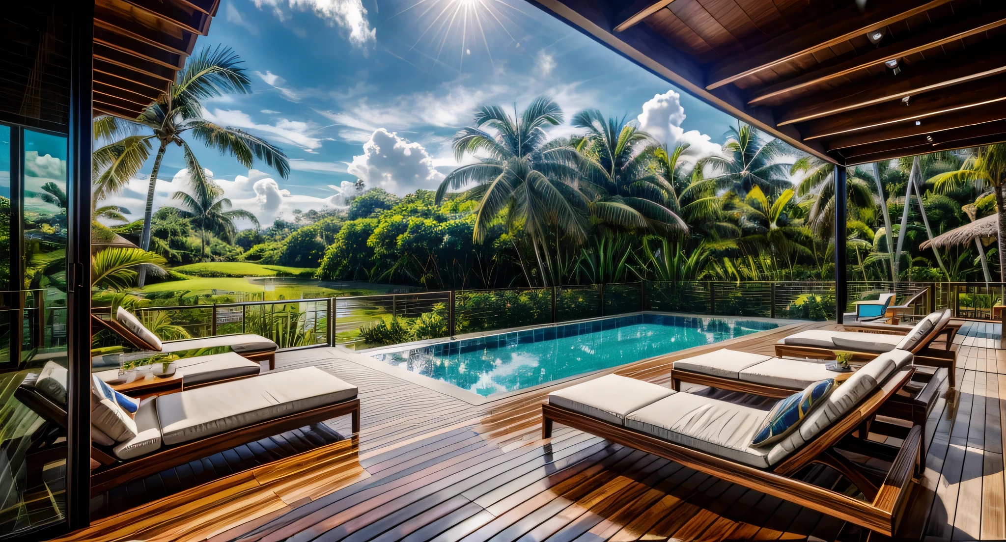 (best quality,4k,8k,highres,masterpiece:1.2),ultra-detailed,realistic,photorealistic:1.37,tropical home,riverside,clear sky,wood deck,modern wood wall,luxury car,high resolution,tropical garden,fresh green plants,tall palm trees,cascading waterfall,sparkling river,reflecting sunlight,serene atmosphere,exotic flowers,colorful butterflies,relaxing outdoor seating,comfortable lounge chairs,cozy hammock,breathtaking view,tranquil vibe,modern villa,elegant architecture,sleek design,spacious rooms,floor-to-ceiling windows,natural light,airy atmosphere,stunning riverside location,lush rice fields,harmonious blend of nature and luxury,tropical paradise ambiance,refreshing swimming pool,relaxing sound of flowing water,elevated wooden pathway,scenic walking trails,open-concept living area,modern kitchen with state-of-the-art appliances,majestic wood deck extending into the river,perfect spot for morning coffee or afternoon tea,luxury car parked gracefully in the driveway,additions:birds chirping,tropical fruits,refreshing drinks, no pool, clear sky, realistic
