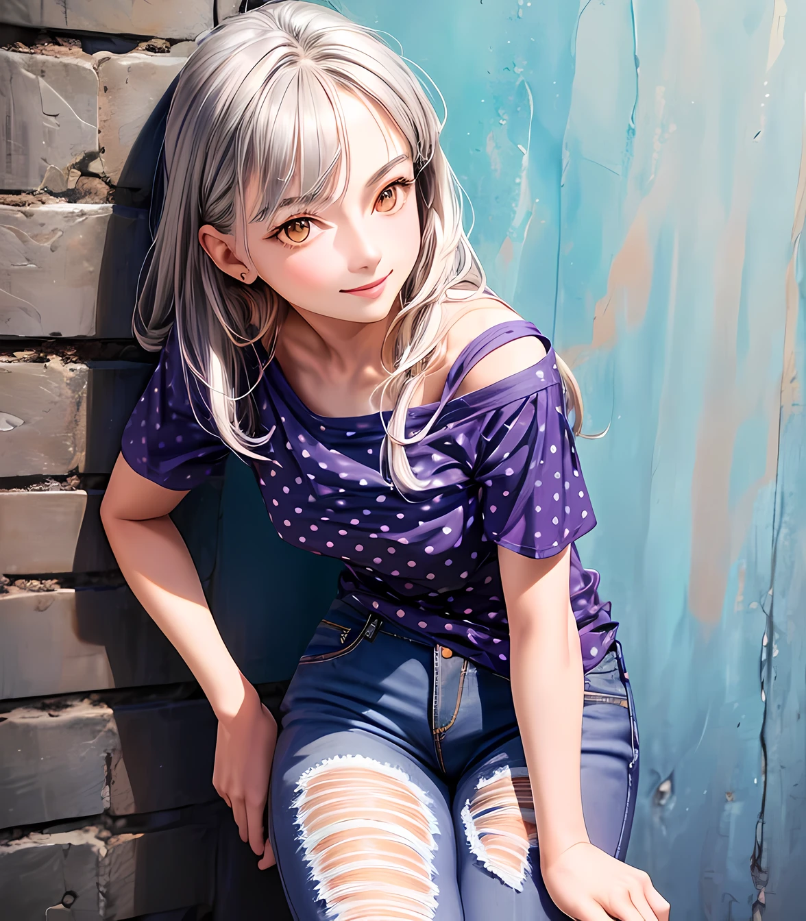 masterpiece, best quality, 1 girl, gray hair, (orange eyes), (blue t shirt, purple polka dot t shirt:1.2), ripped jeans, from above, light smile, realistic, cute, (leaning on wall), hands on sides