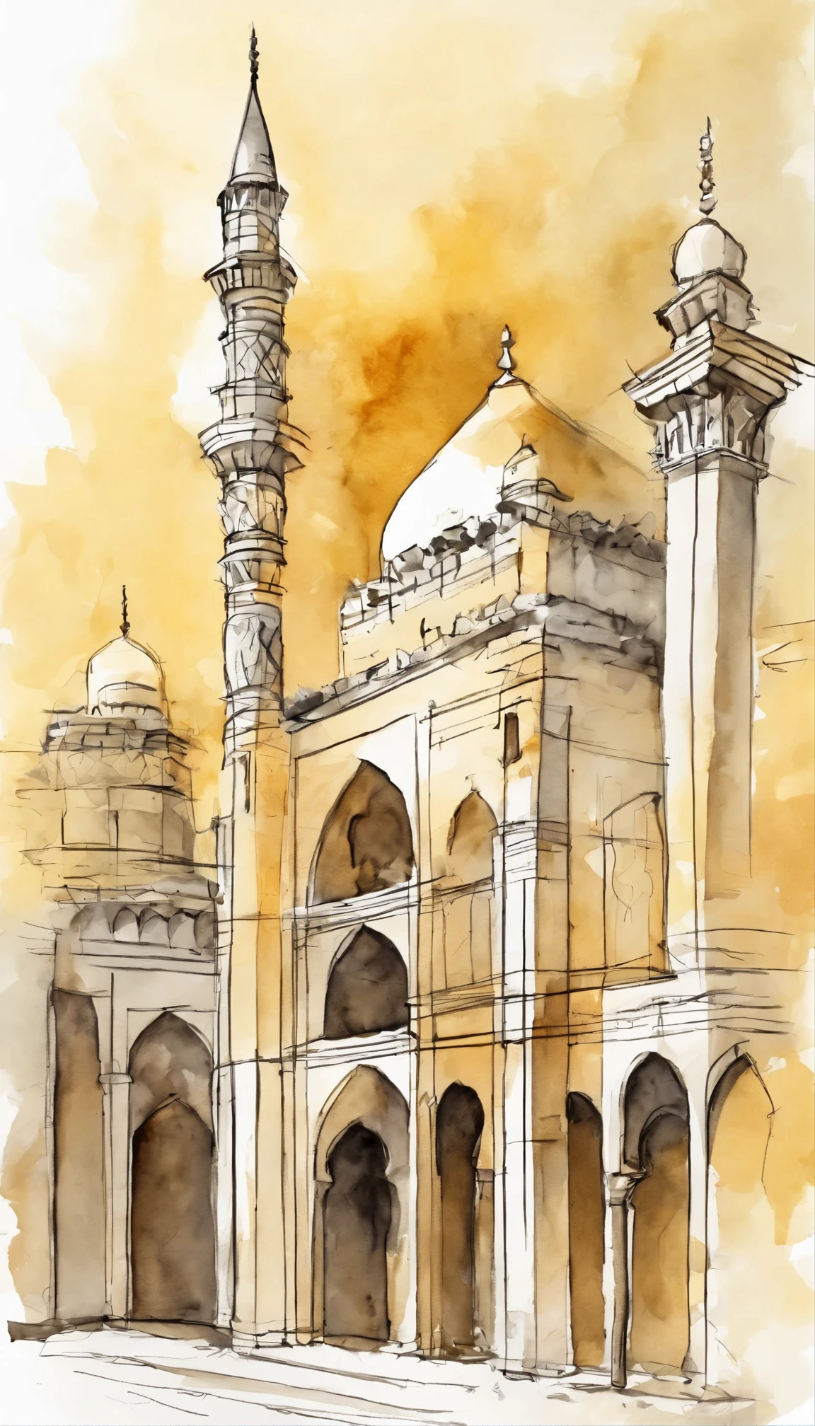 digital architect sketch of a full body mosque column, physic sketch, anatomy sketch,  yellowish color, simply, white background, minimalist, line art, no art tools