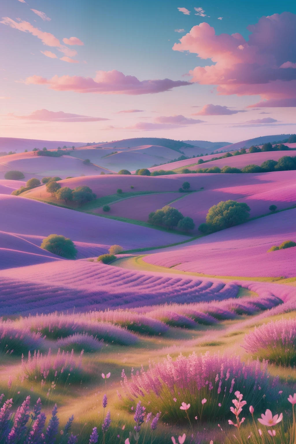 An enchanting digital artwork featuring a dreamy landscape of rolling hills and blooming wildflowers in soft pastel tones, set against a gradient sky transitioning from pale blue to pink and lavender, capturing the serene beauty and natural wonder of the countryside in April.