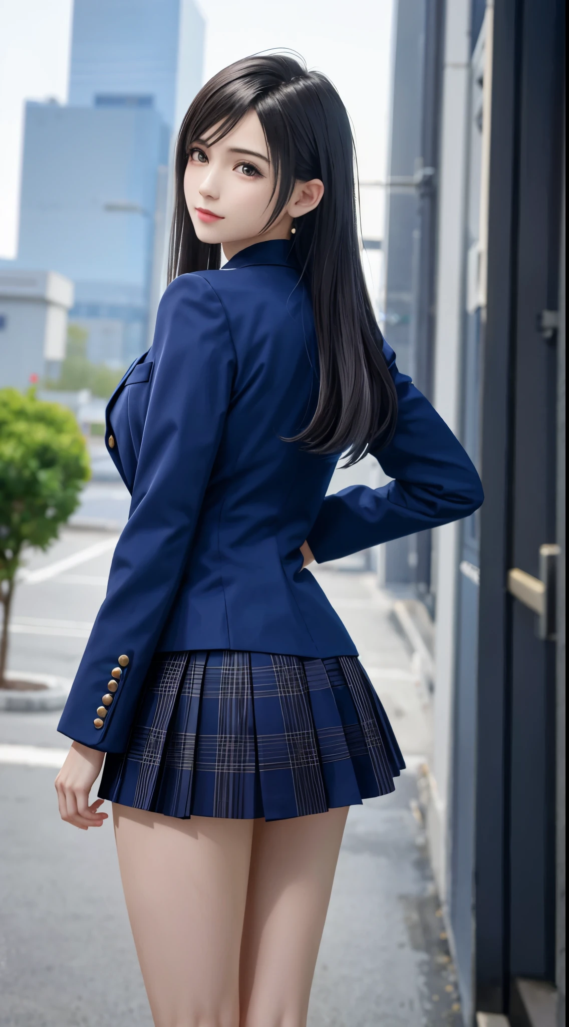 {top quality, masterpiece},{{{Realistic, photo Realistic}}},wallpapers, BREAK (((FF7,Tifa_lockhart))),{{{Japanese JK uniform, Navy Blue blazer, collared school shirt, long-sleeved, Navy Blue Plaid Pleated mini-Skirt, white short socks, loafers}}},{{from behind, back hair}},{{background big city, Shibuya, neon}},Cinematic lighting, city light at night,{{gravure pose, Nogizaka idol}},Ultra-detailed face, Detailed eyes, Red eyes, BREAK (((FF7,Tifa_lockhart))),{black brown hair, medium breasts}, BREAK , About 18 years old, kawaii, sensual, looking at viewer, (calf focus:1.2), Beautiful legs, walking ,no make-up