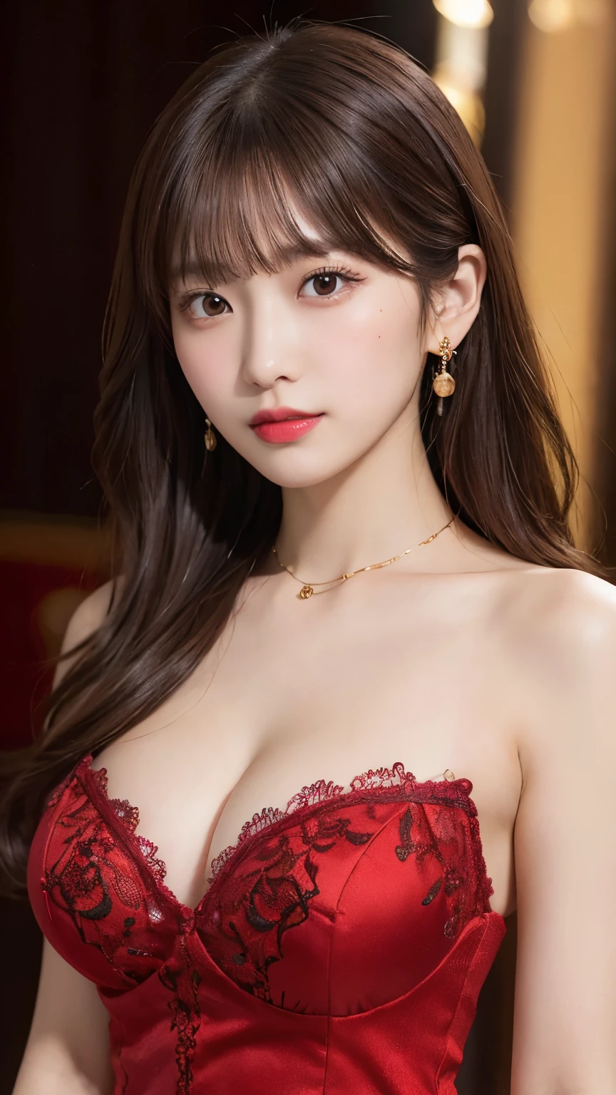 (Highly detailed CG unit 8k wallpaper, masterpiece, highest quality, super detailed), (best lighting, best shadow), 20 year old Japanese woman, ((Full body cut)),mature,big breasts, perfect face, I am wearing a red rose around the neck of my necklace., wearing a red and black lace dress, gold earrings, Features like Maria Padilla, (highly detailed skin: 1.2), medium brown loose hair with lights